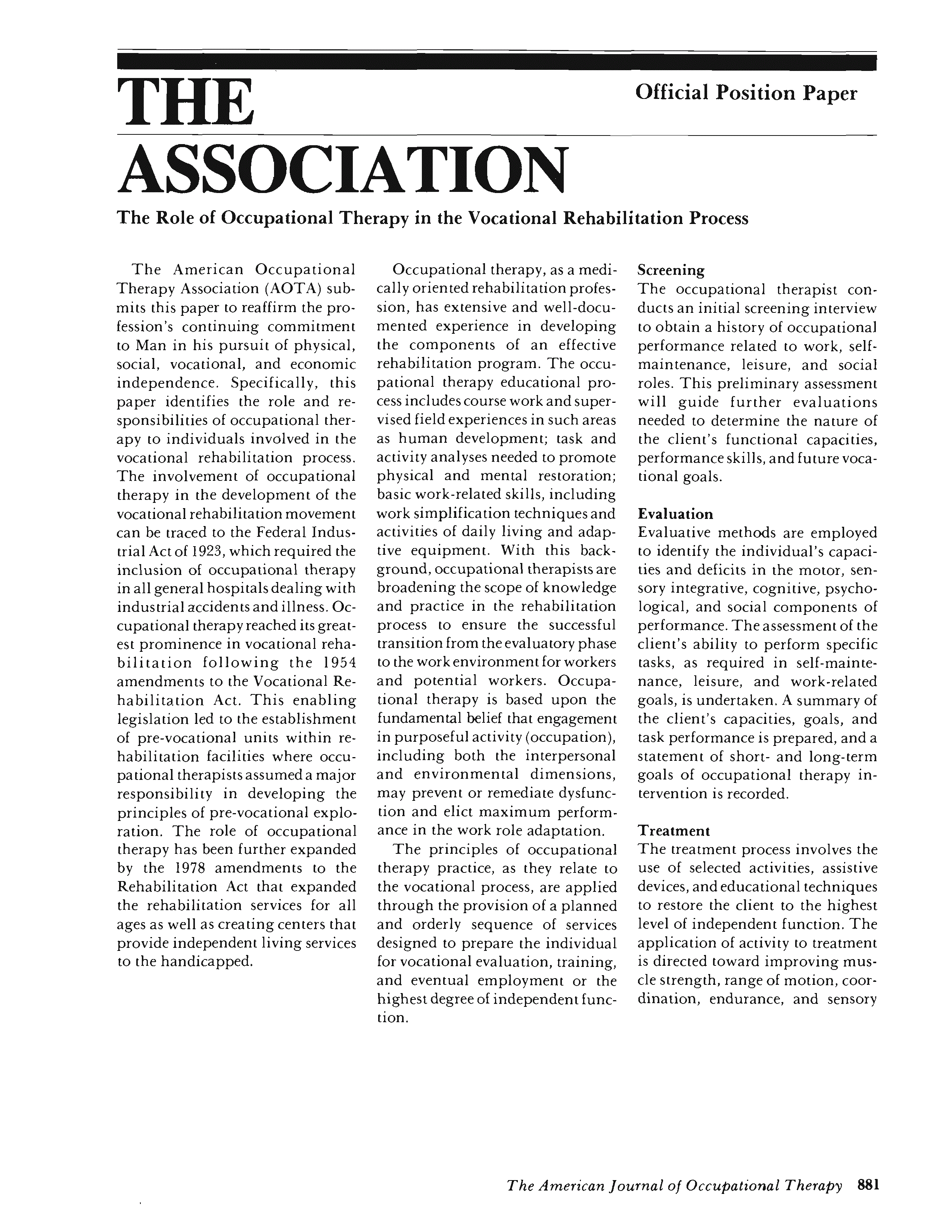 First page of The Role of Occupational Therapy in the Vocational Rehabilitation Process