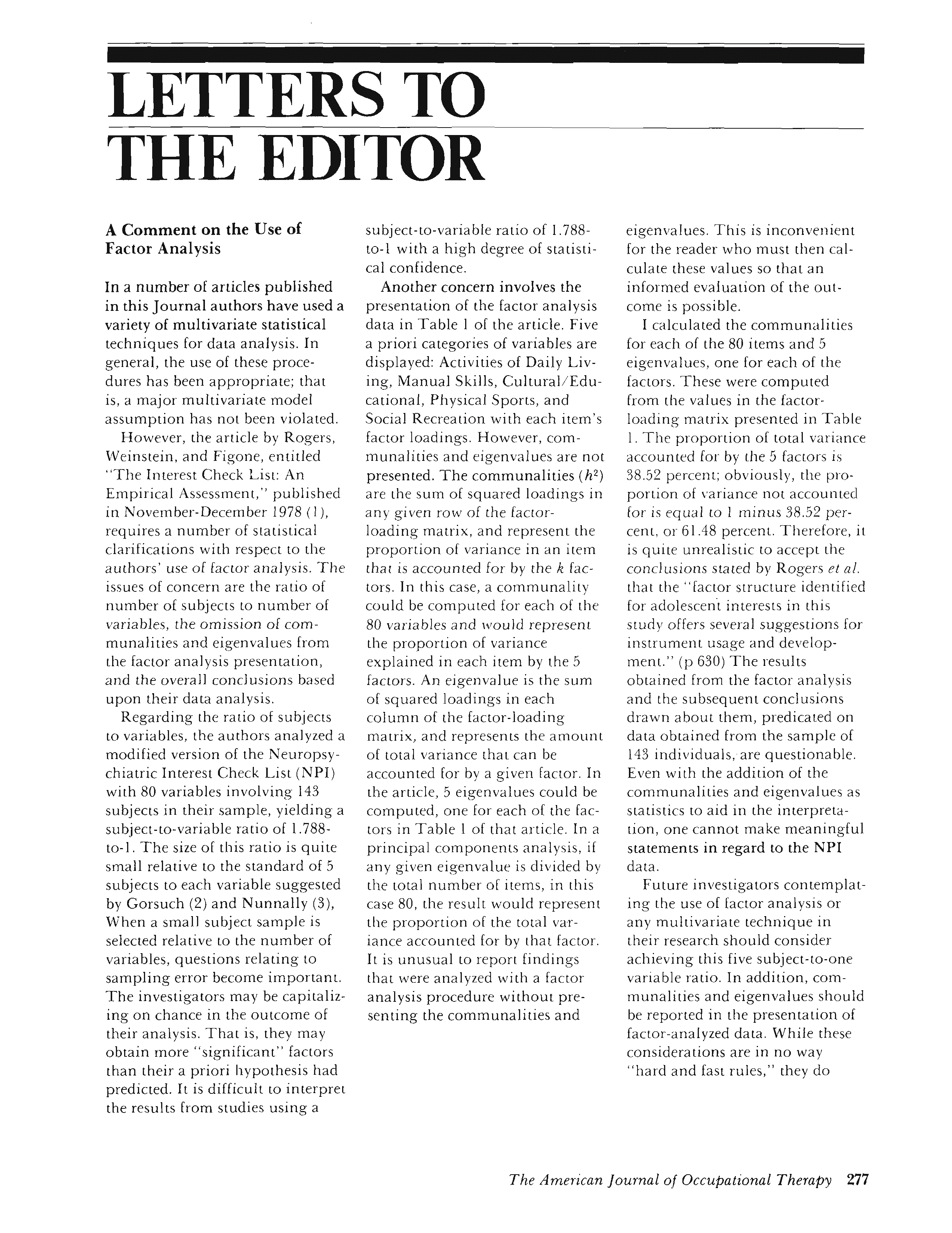 First page of A Comment on the Use of Factor Analysis