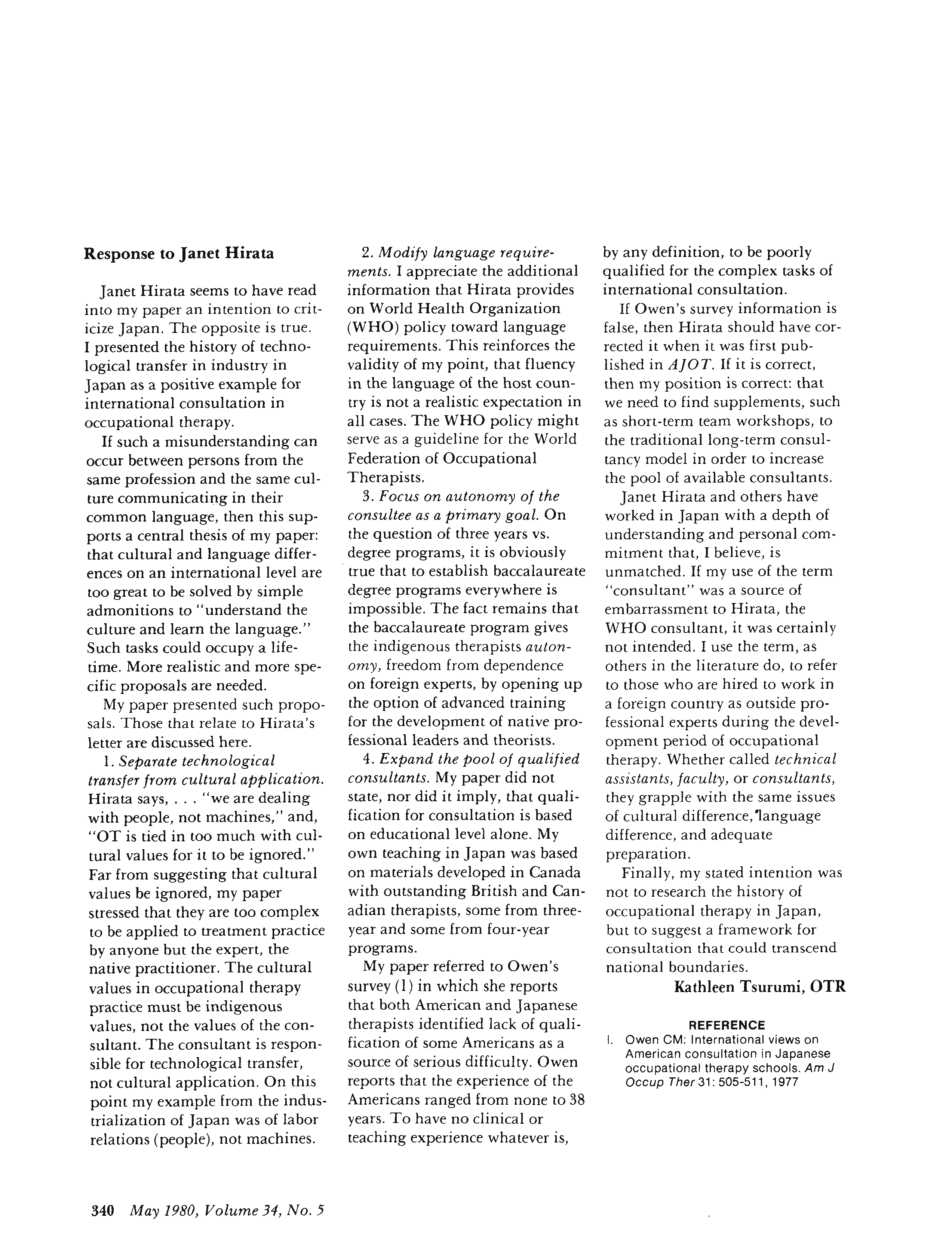 First page of Response to Janet Hirata