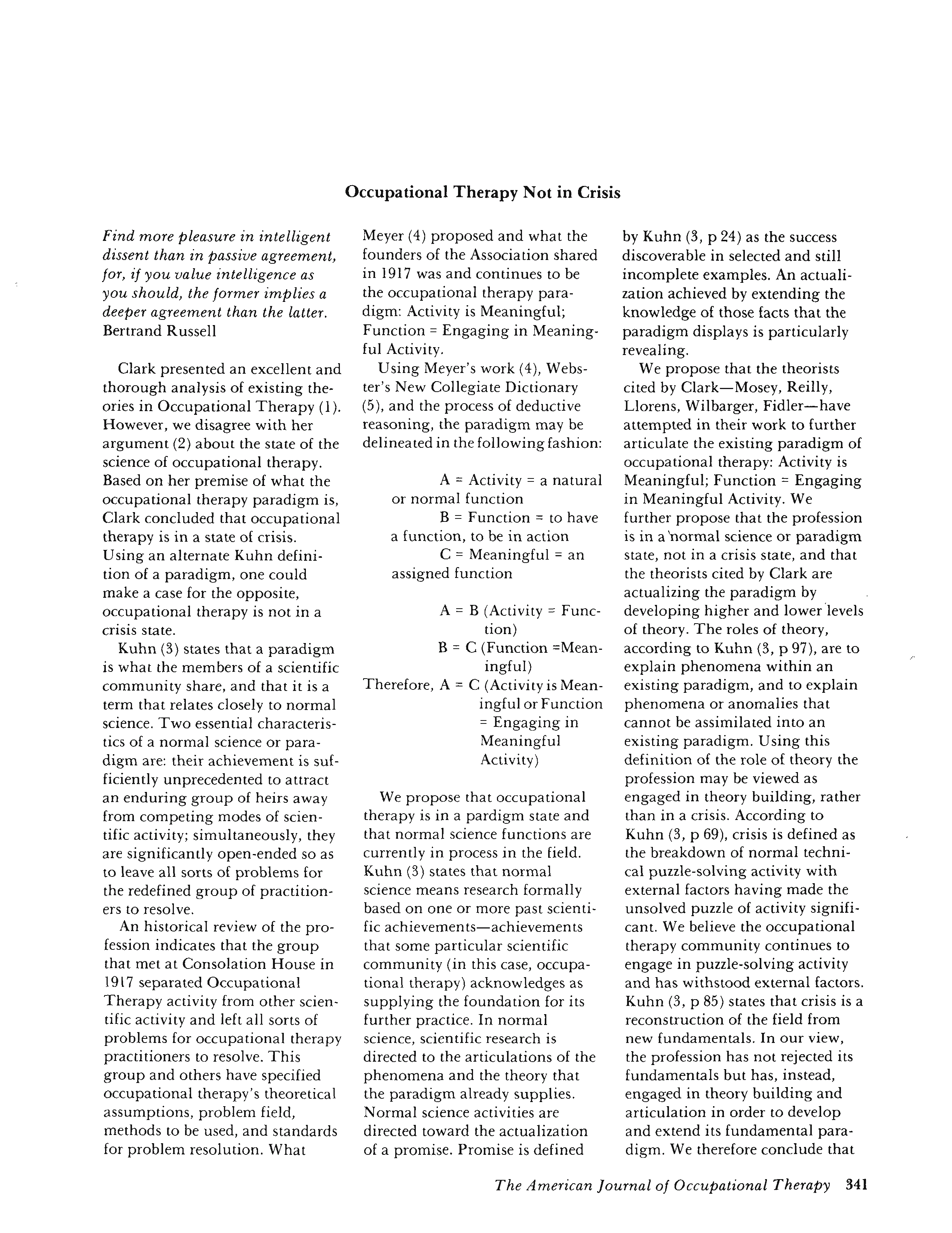 First page of Occupational Therapy Not in Crisis