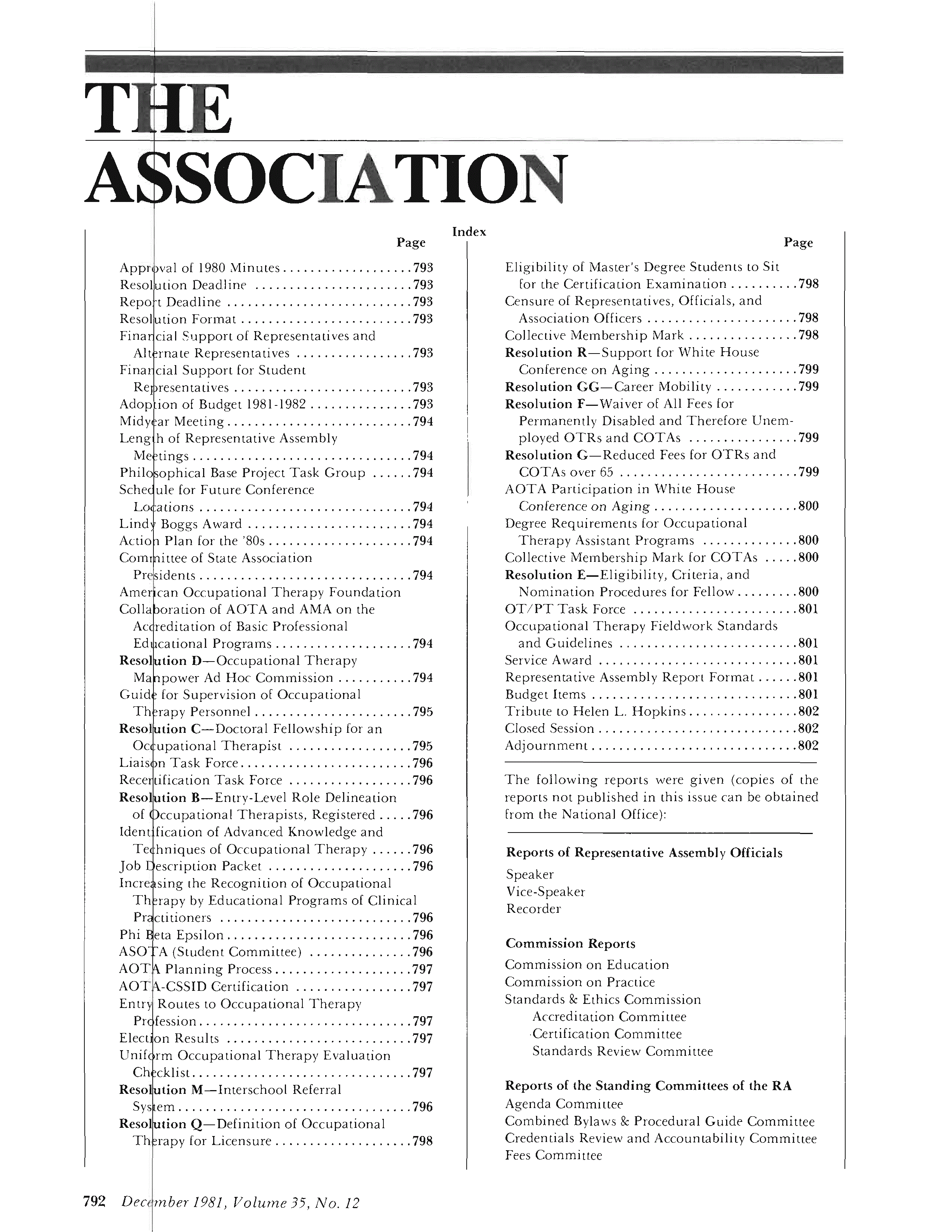 First page of AOTA Representative Assembly Minutes