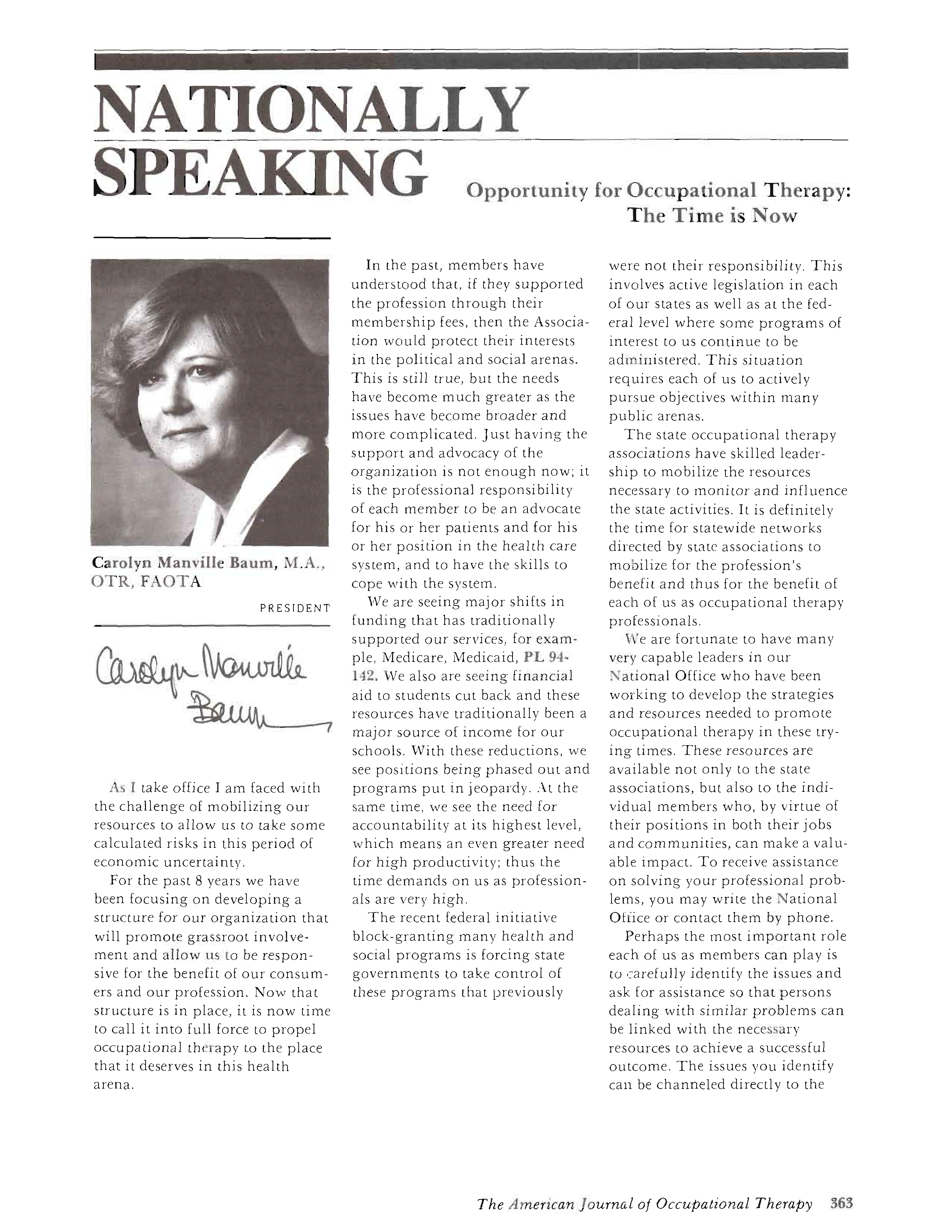 First page of Opportunity for Occupational Therapy: The Time is Now