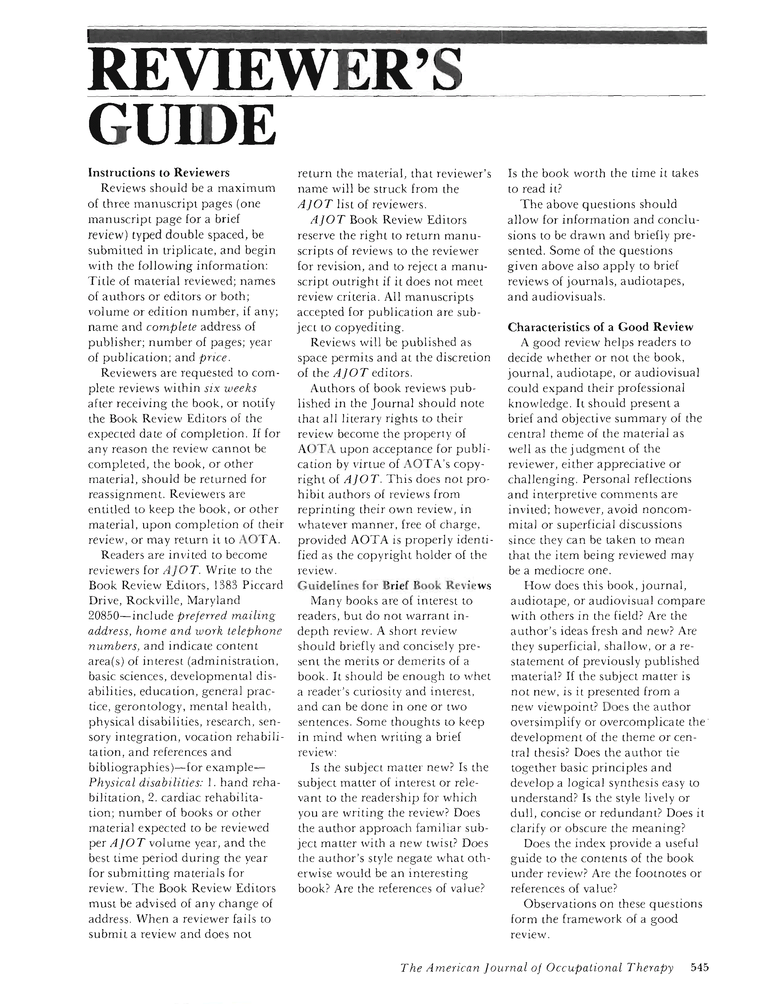 First page of Reviewer’s Guide