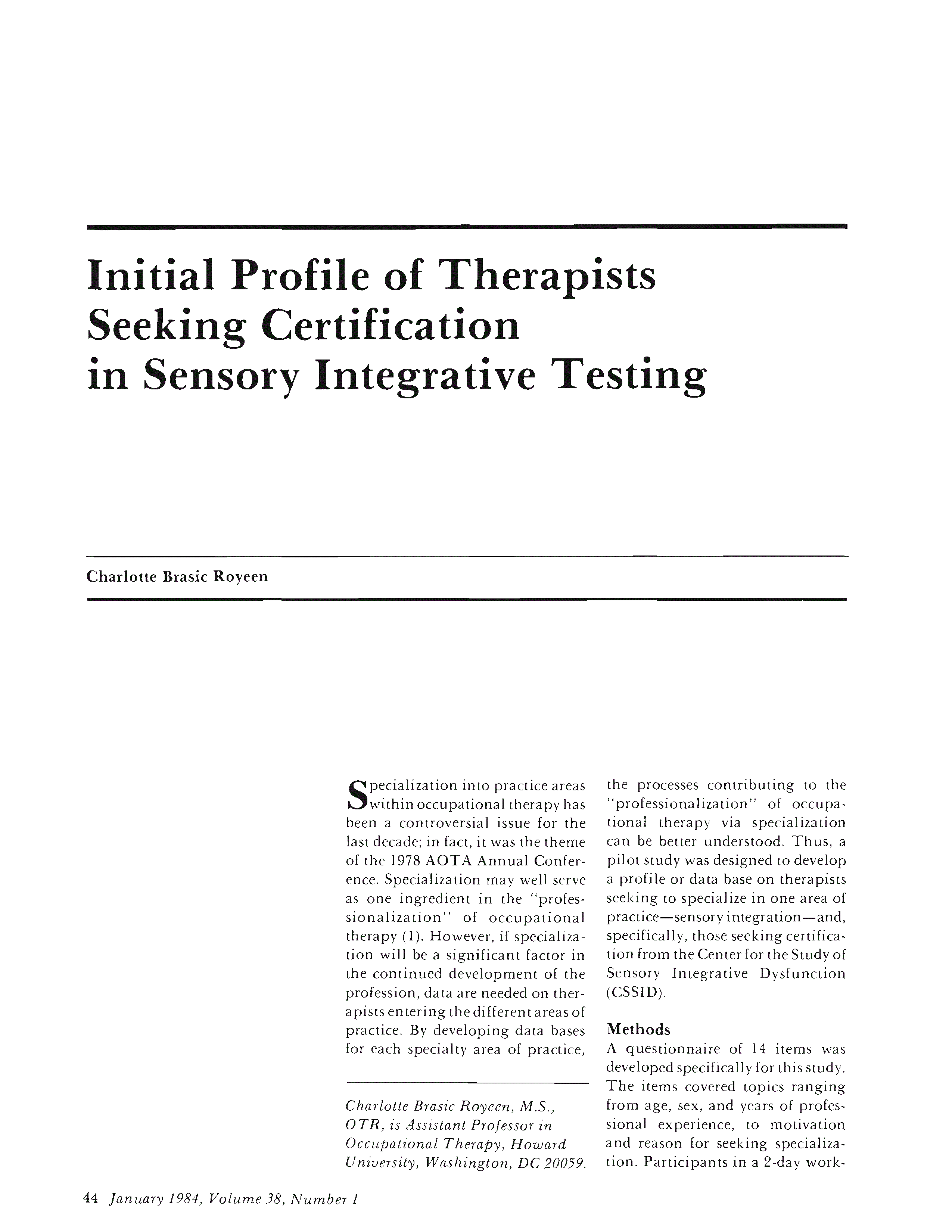 First page of Initial Profile of Therapists Seeking Certification in Sensory Integrative Testing