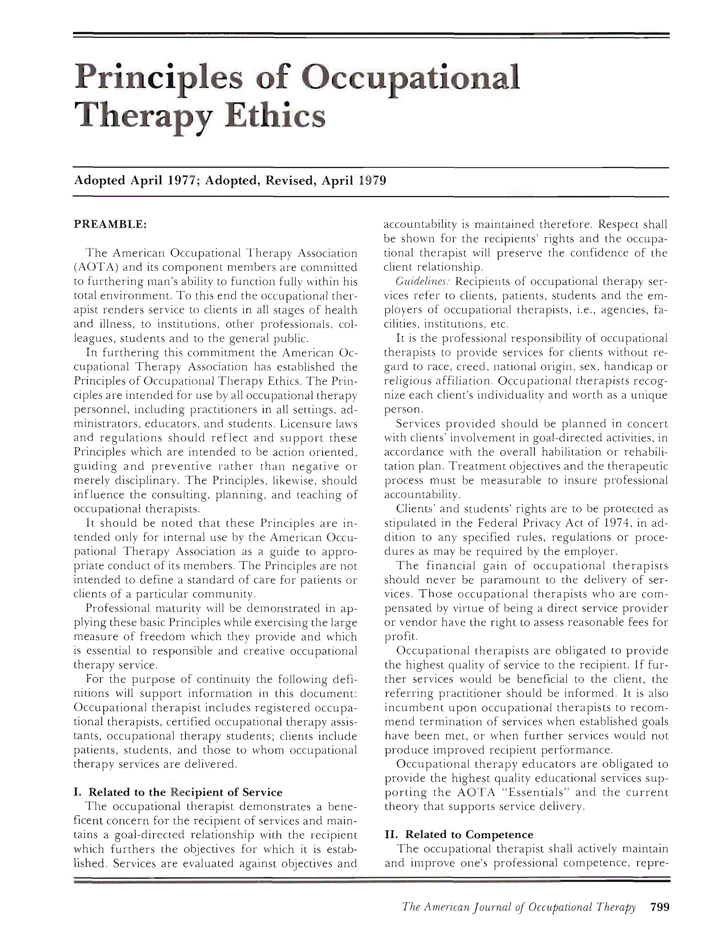 First page of Principles of Occupational Therapy Ethics