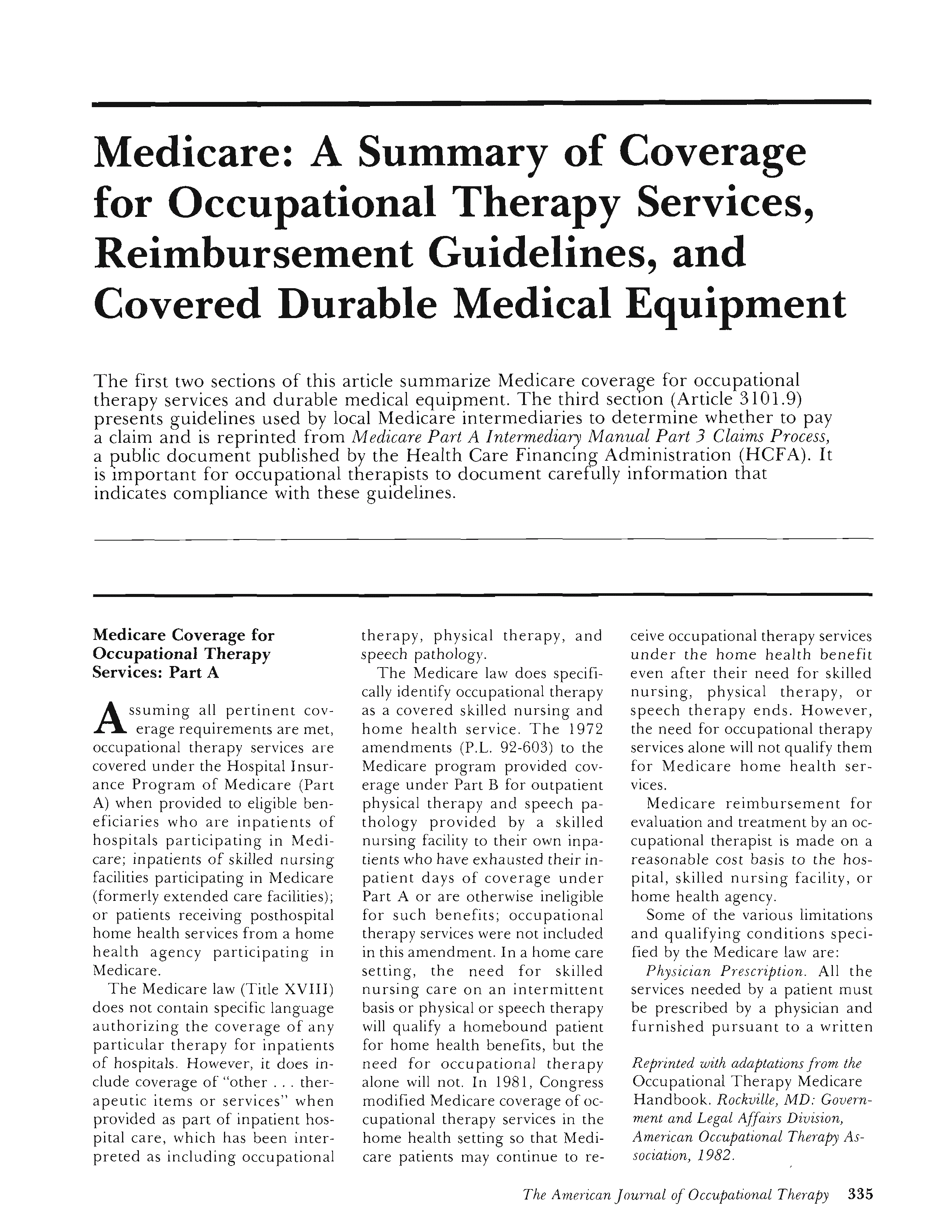 First page of Medicare: A Summary of Coverage for Occupational Therapy Services, Reimbursement Guidelines, and Covered Durable Medical Equipment
