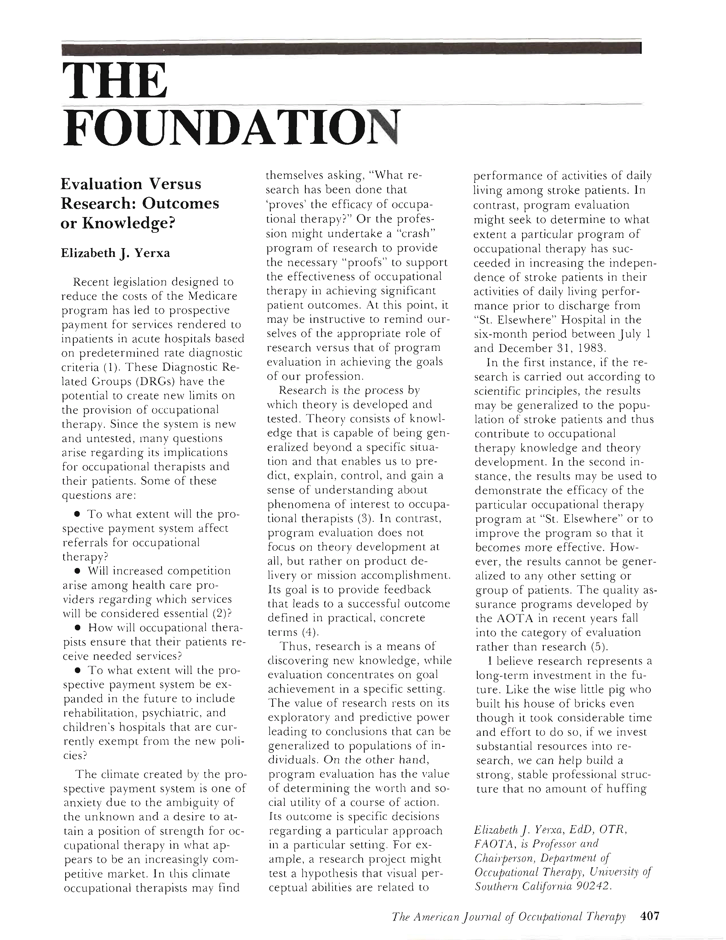 First page of Evaluation Versus Research: Outcomes or Knowledge?