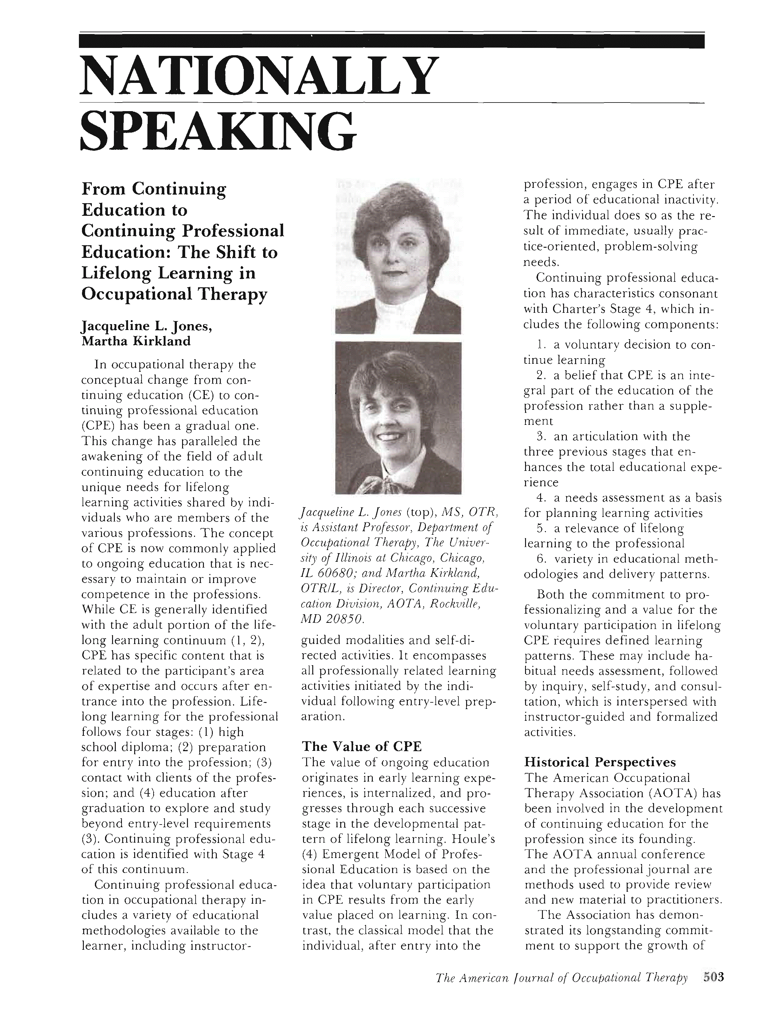 First page of From Continuing Education to Continuing Professional Education: The Shift to Lifelong Learning in Occupational Therapy