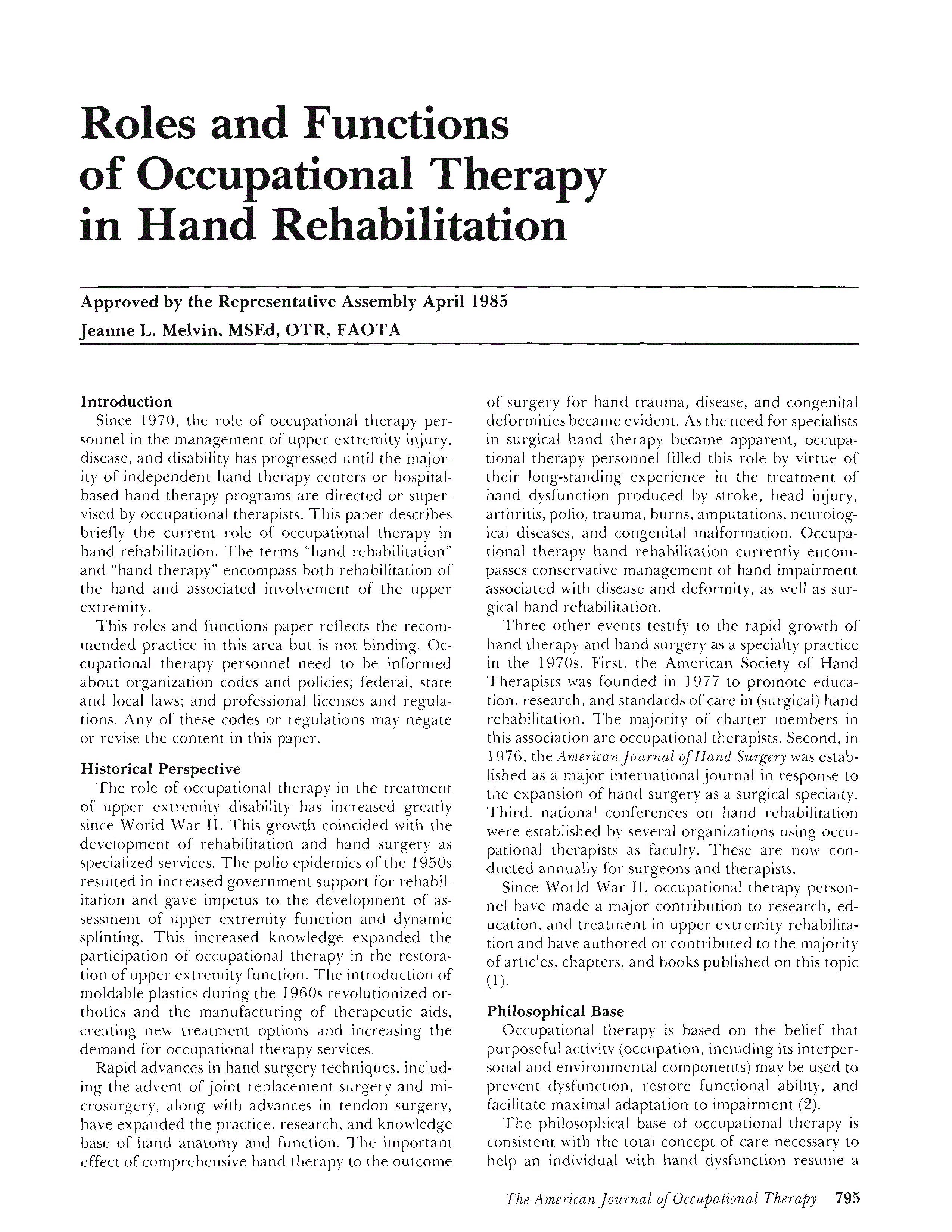 First page of Roles and Functions of Occupational Therapy in Hand Rehabilitation