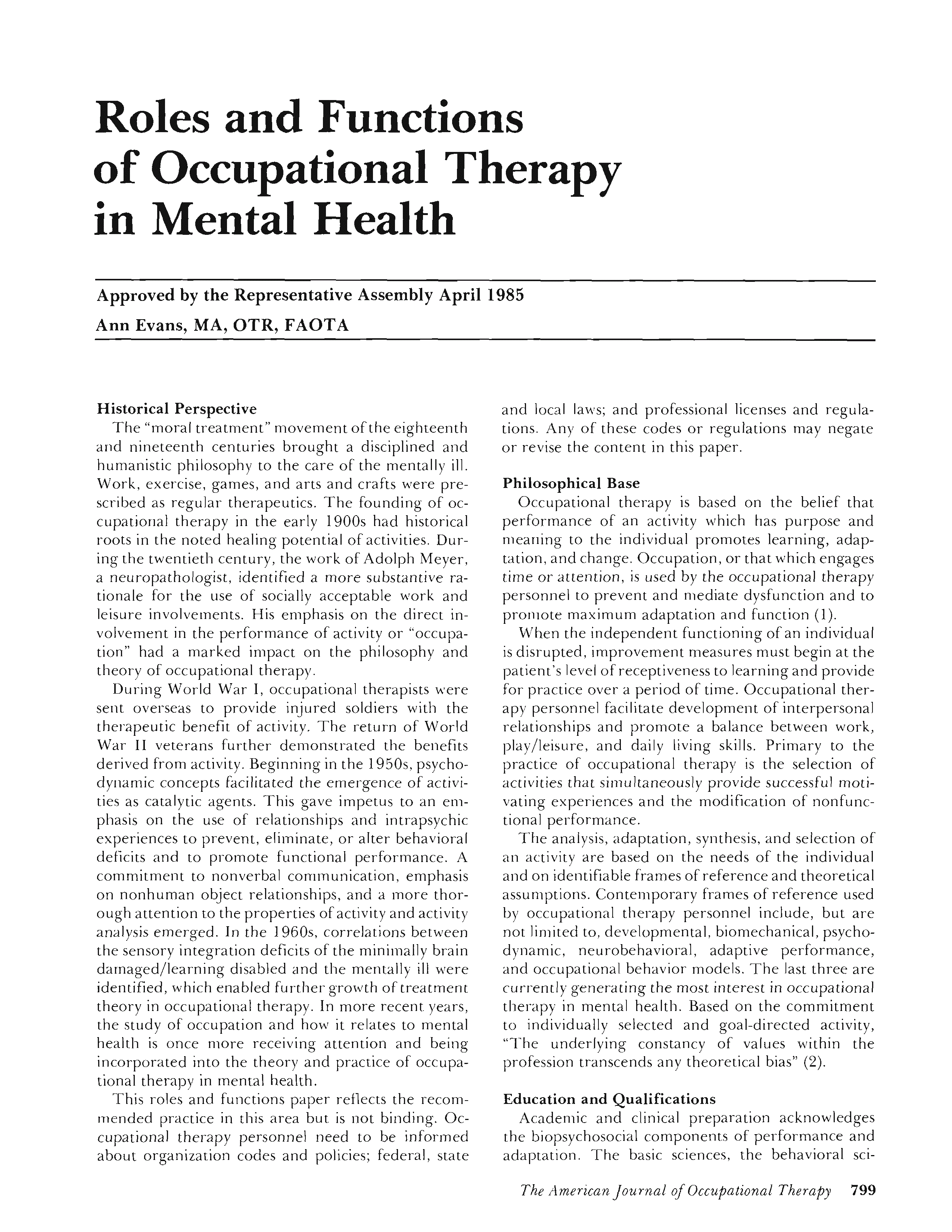 First page of Roles and Functions of Occupational Therapy in Mental Health