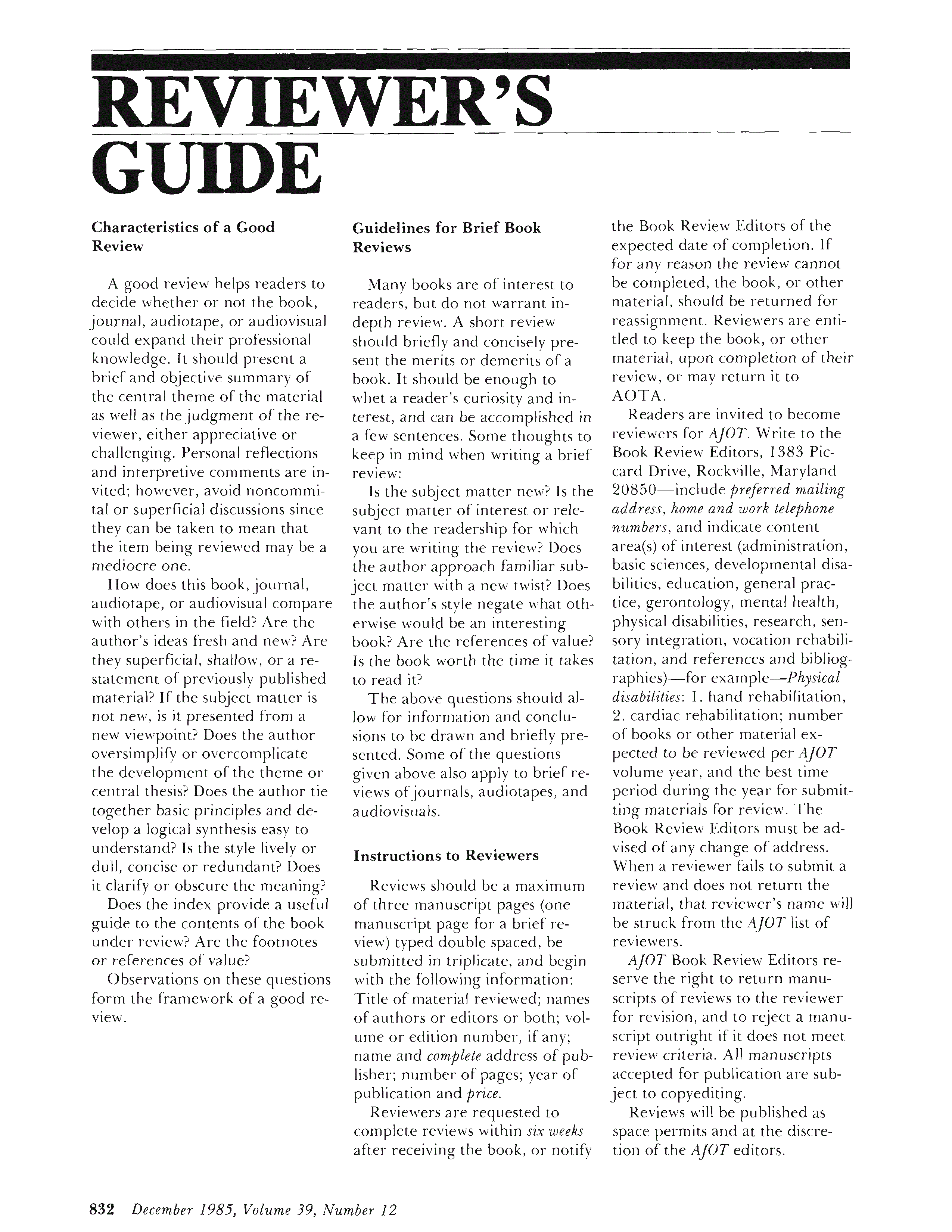 First page of Reviewer’s Guide