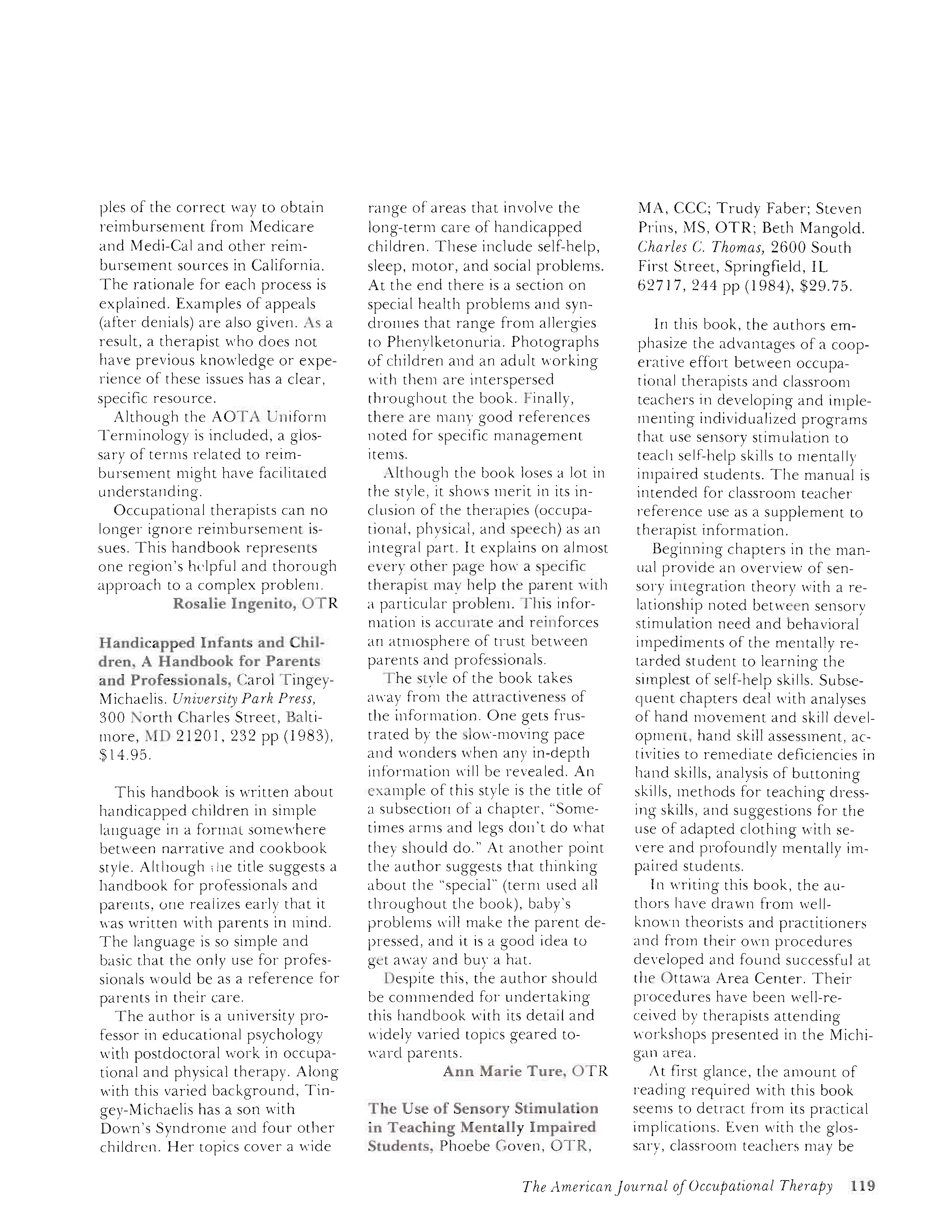 First page of Handicapped Infants and Children, A Handbook for Parents and Professionals