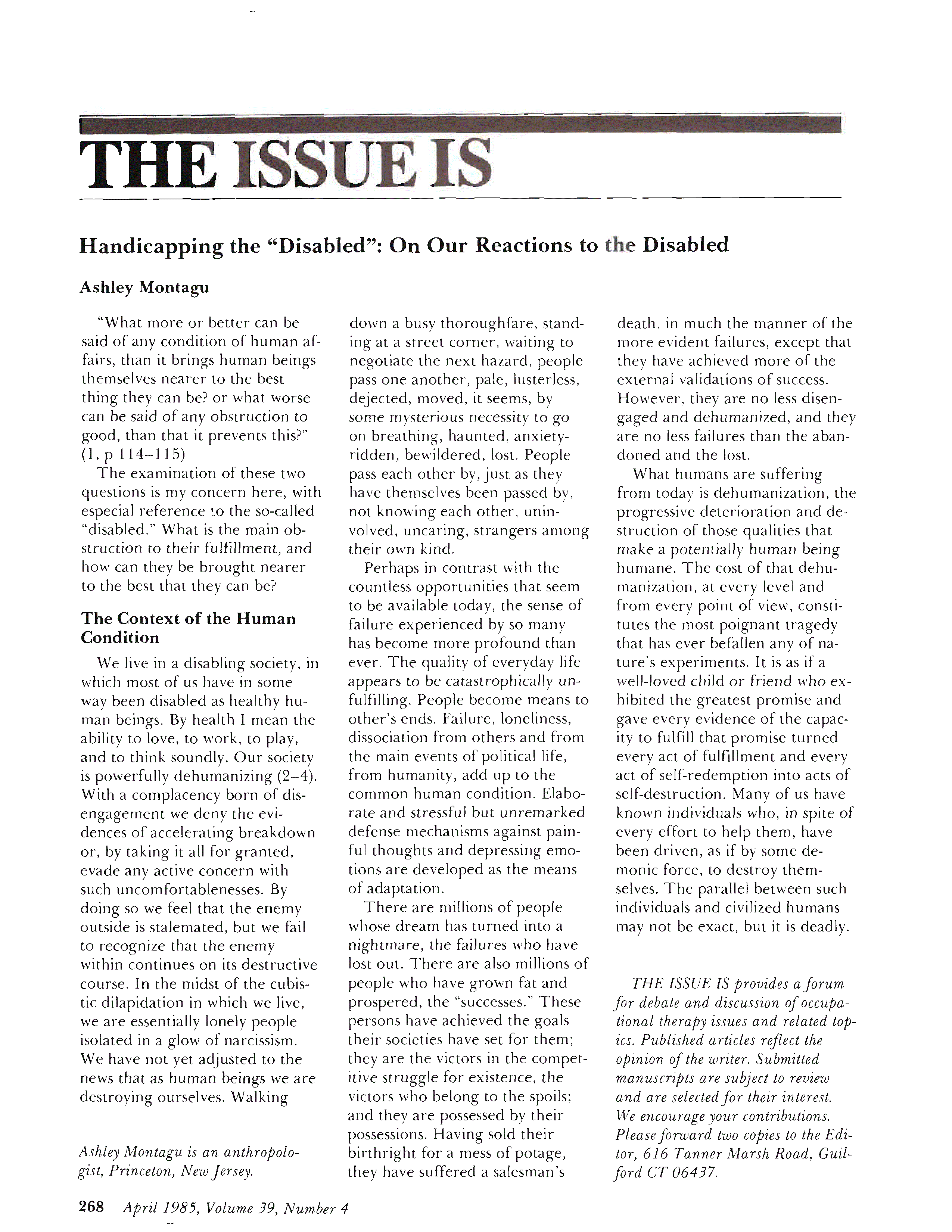 First page of Handicapping the “Disabled”: On Our Reactions to the Disabled