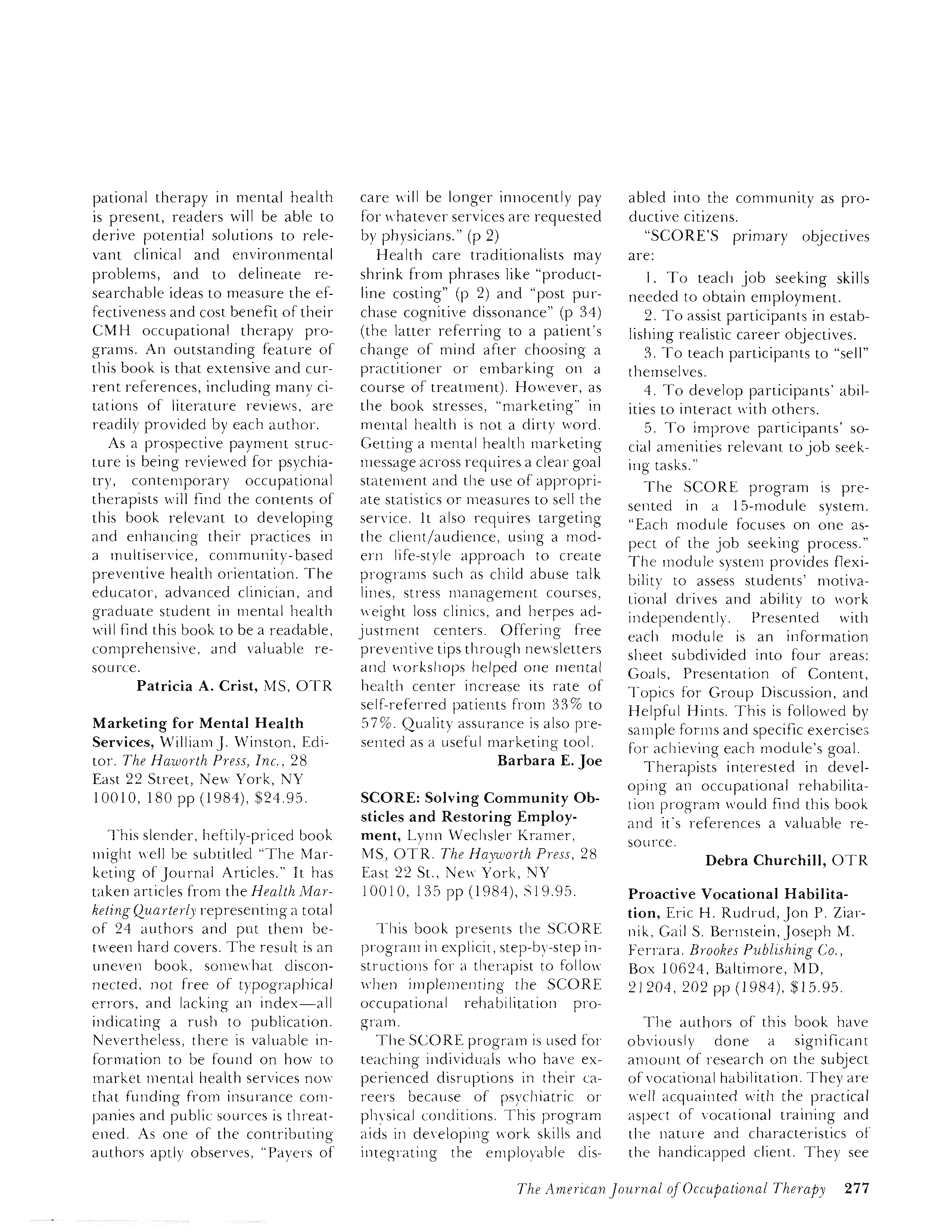 First page of SCORE: Solving Community Obsticles and Restoring Employment
