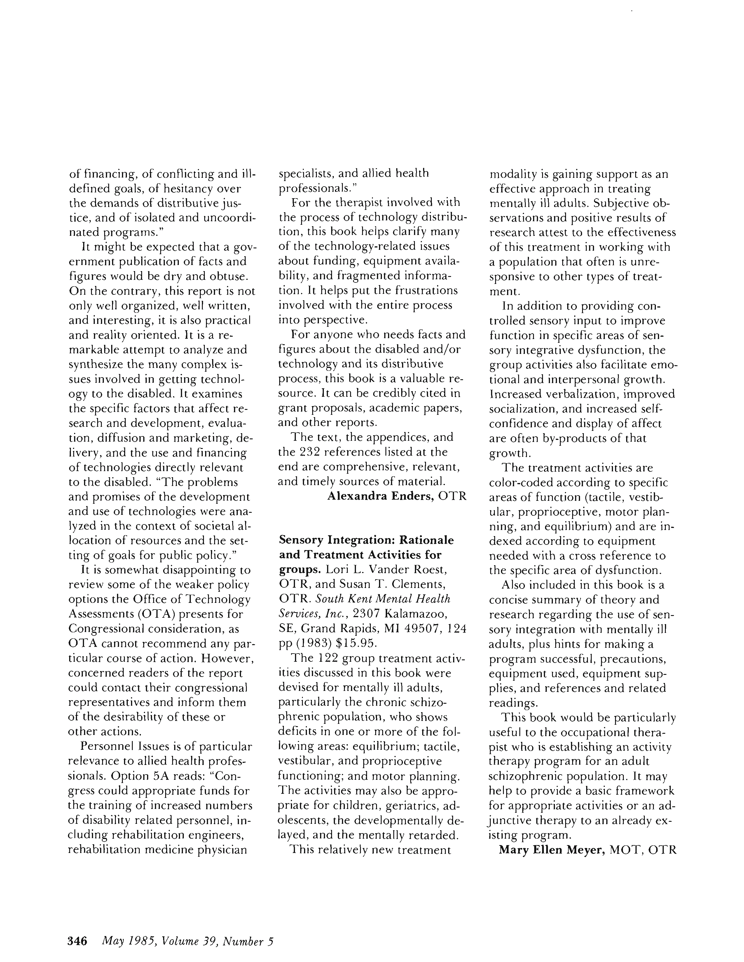 First page of Sensory Integration: Rationale and Treatment Activities for groups