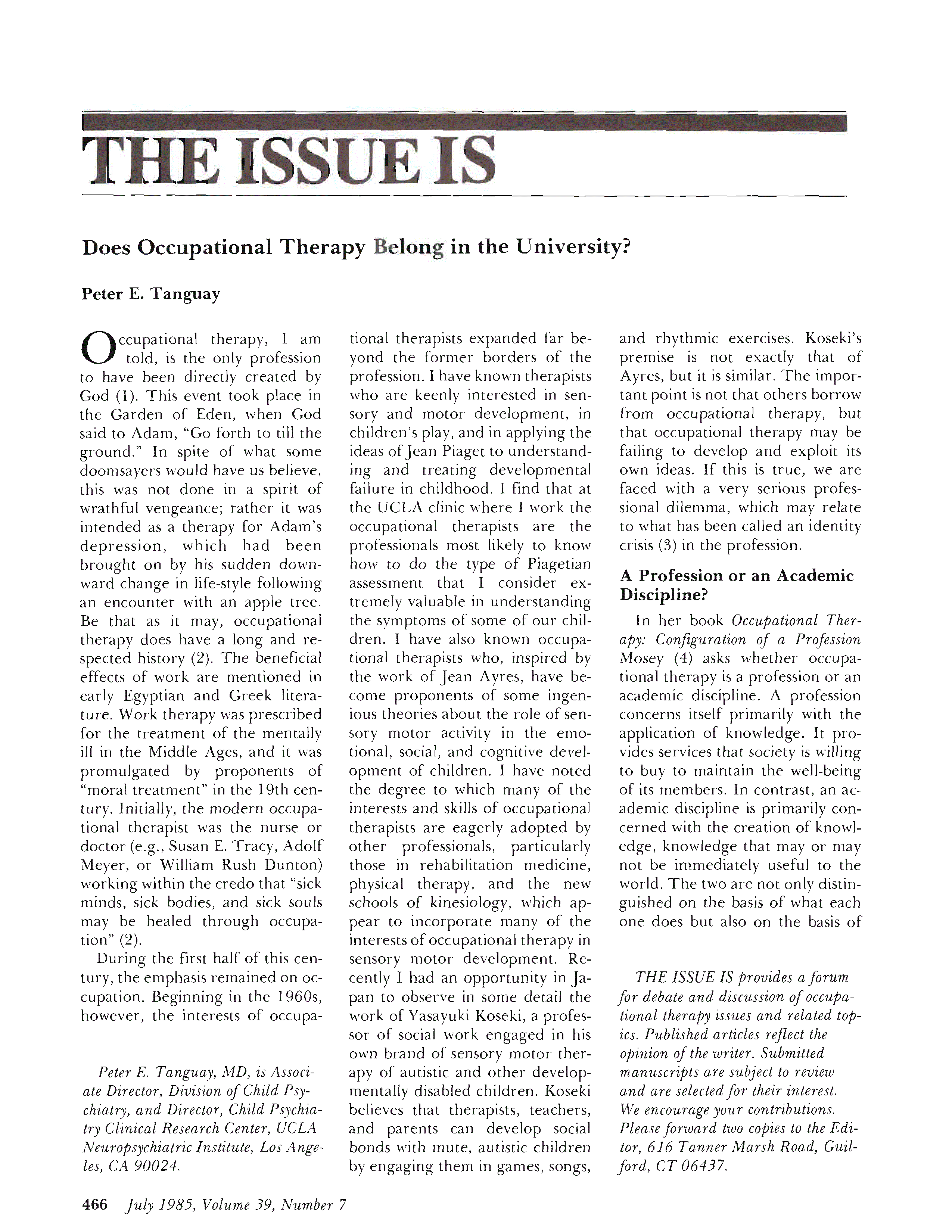 First page of Does Occupational Therapy Belong in the University?