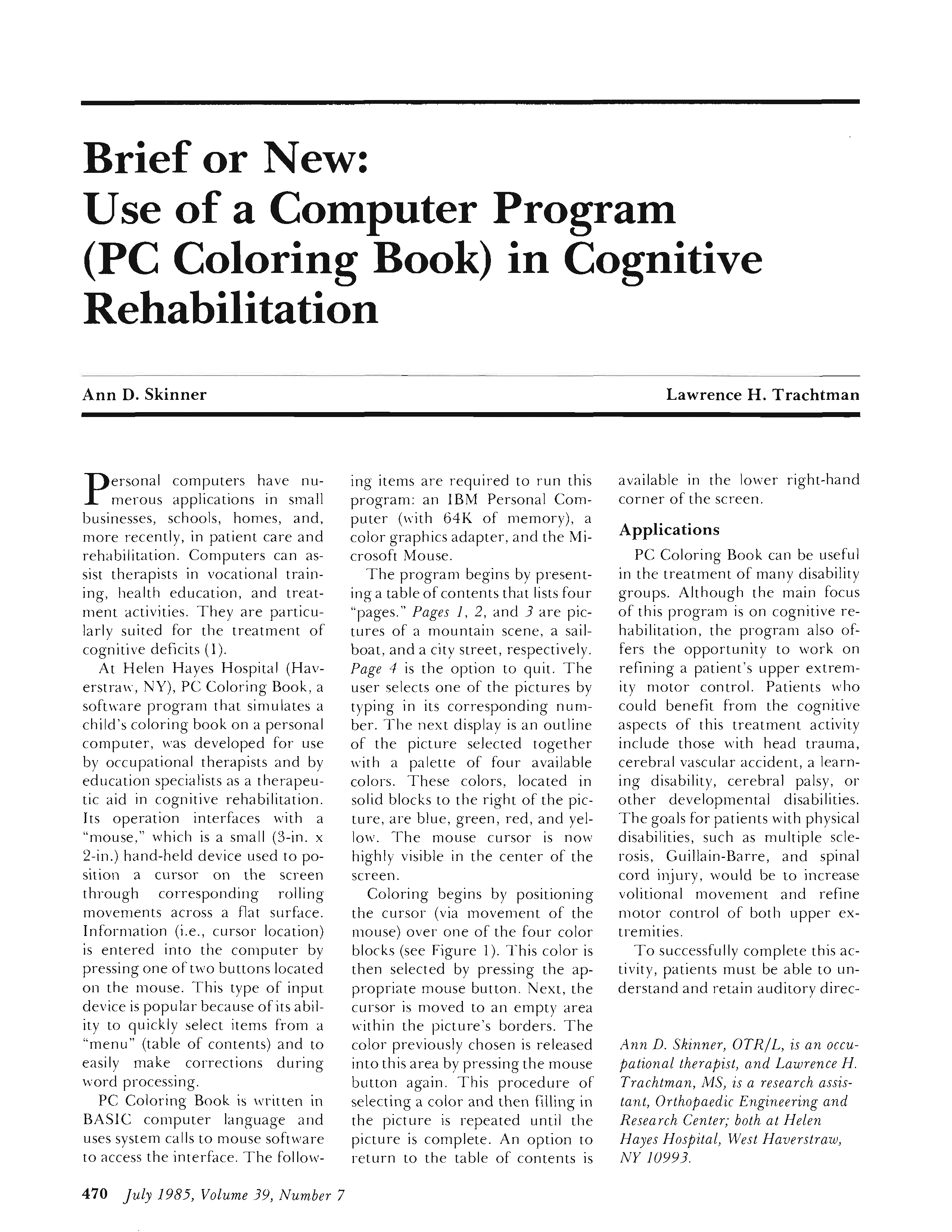 First page of Use of a Computer Program (PC Coloring Book) in Cognitive Rehabilitation