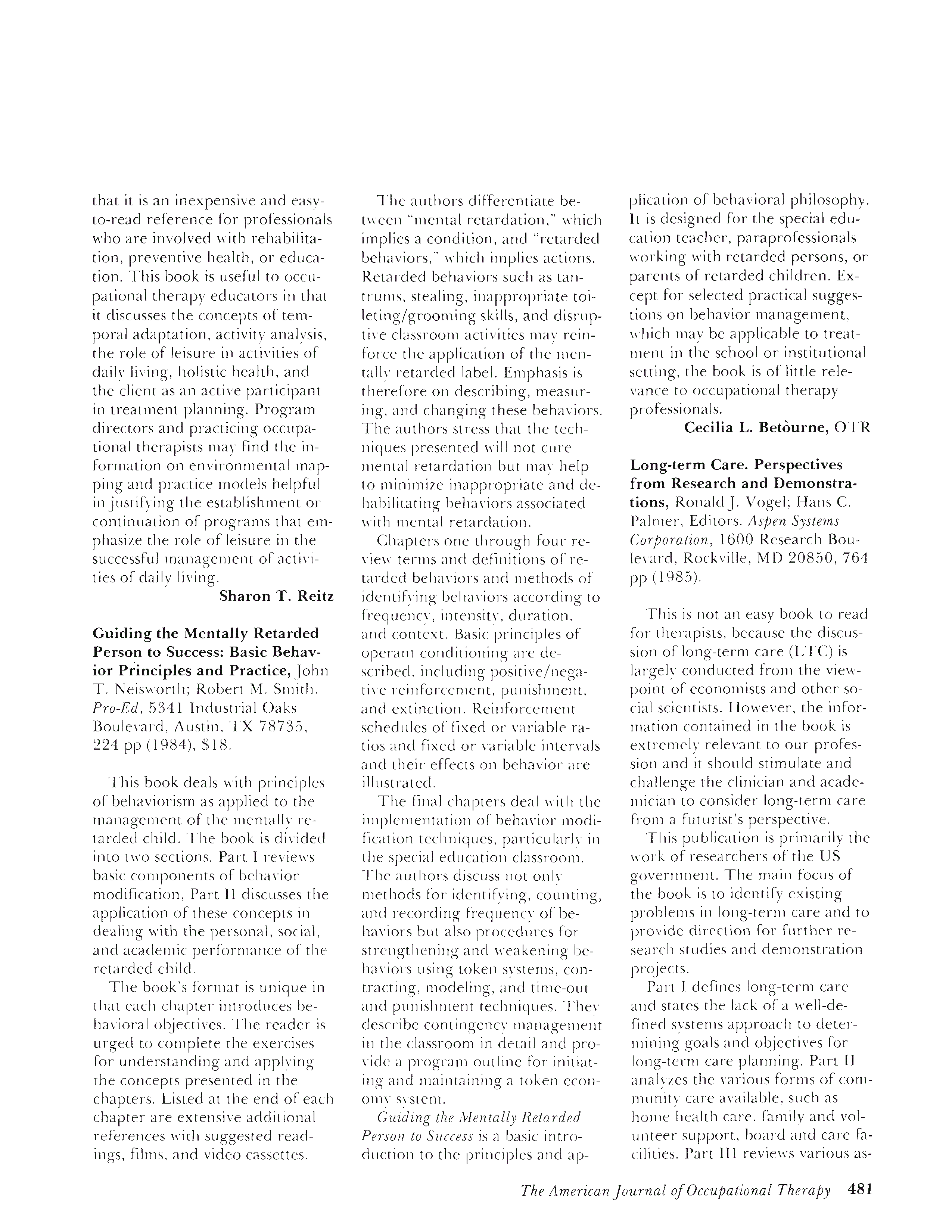 First page of Guiding the Mentally Retarded Person to Success: Basic Behavior Principles and Practice