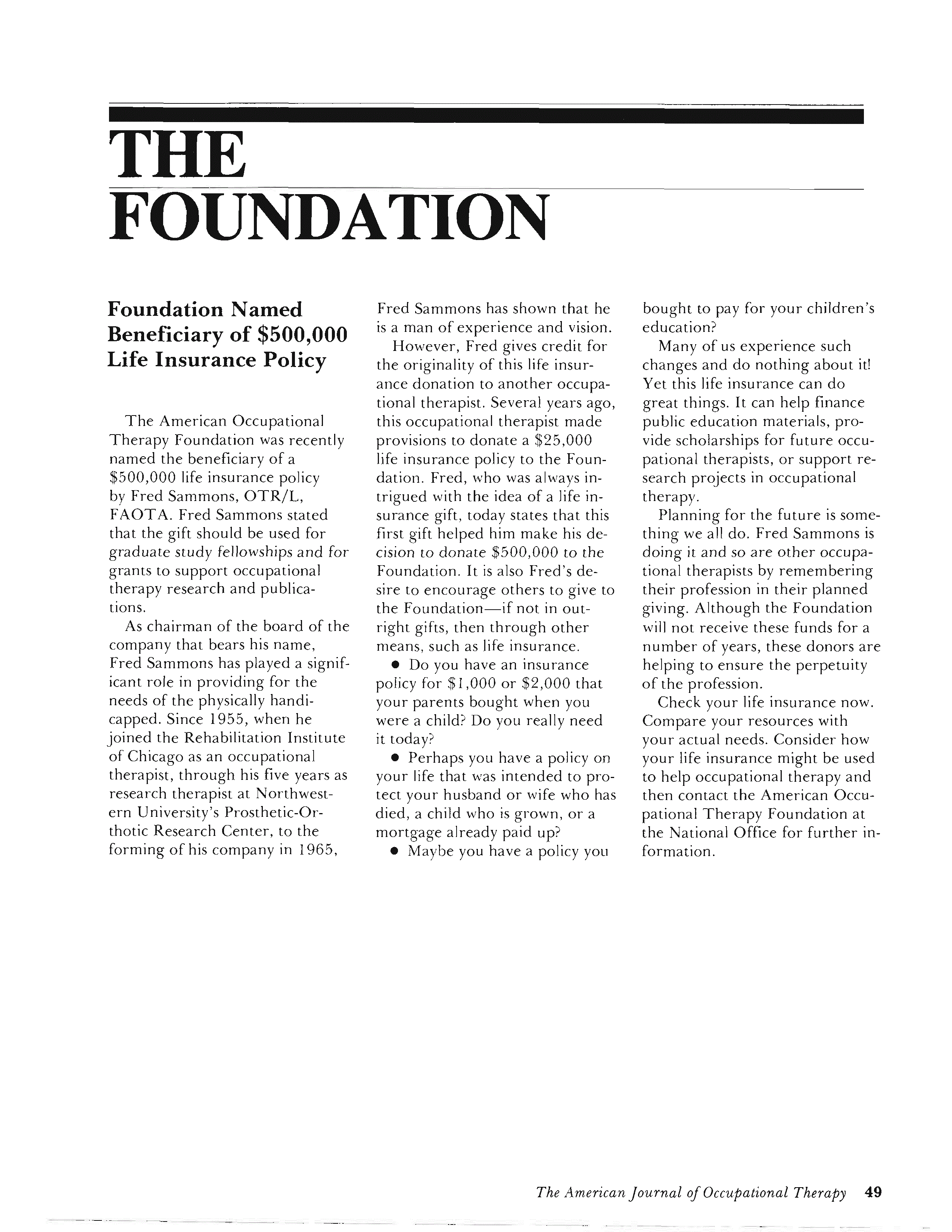 First page of Foundation Named Beneficiary of $500,000 Life Insurance Policy