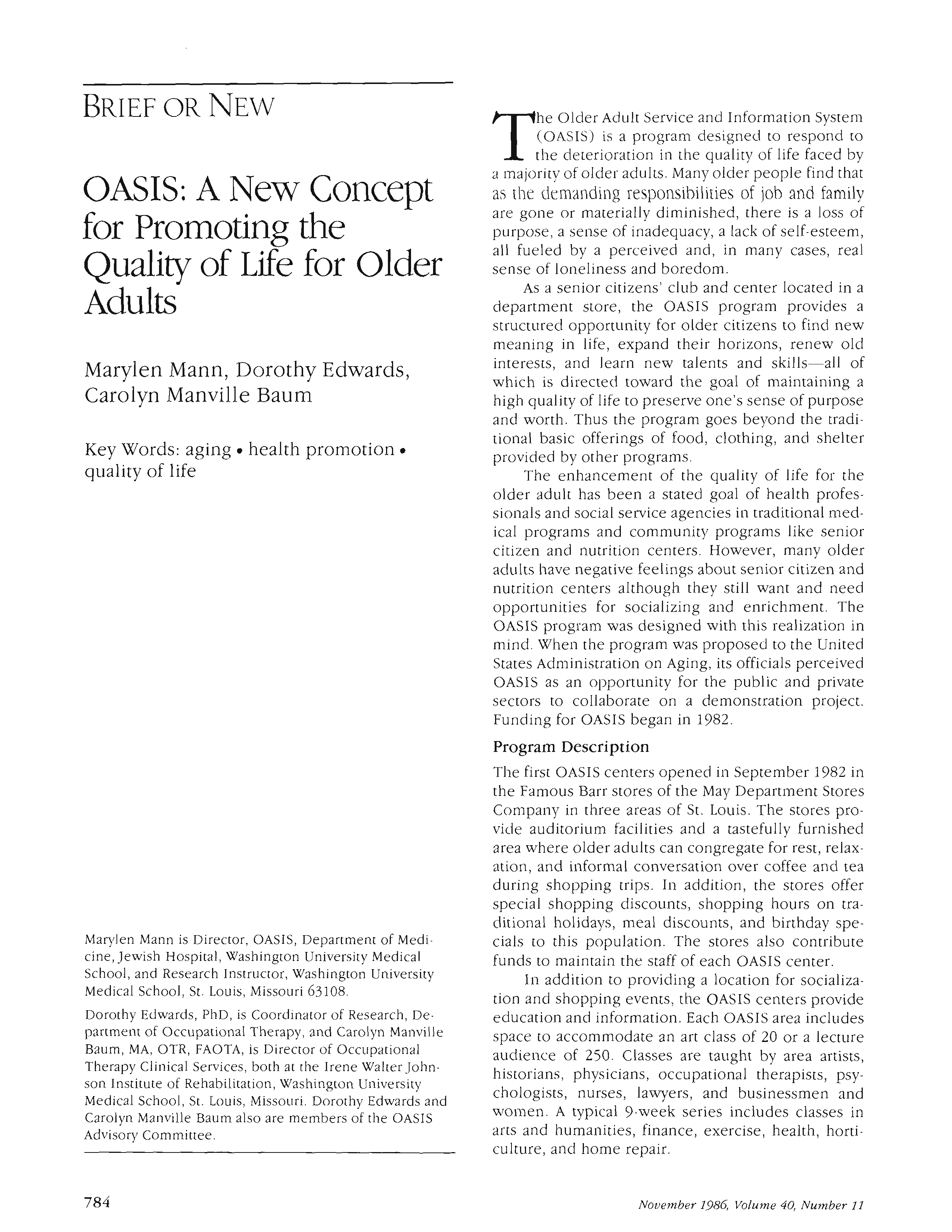 First page of OASIS: A New Concept for Promoting the Quality of Life for Older Adults