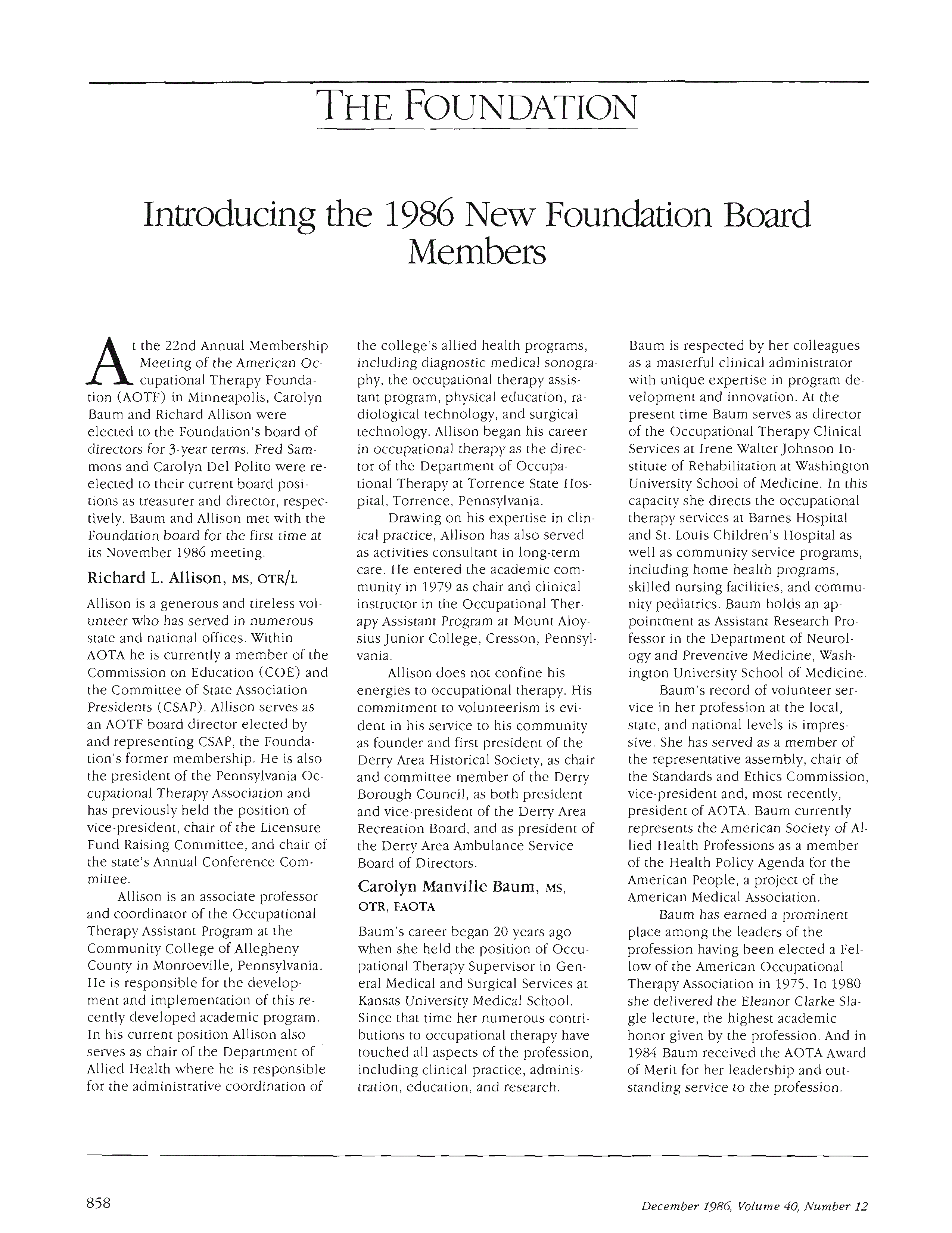 First page of Introducing the 1986 New Foundation Board Members