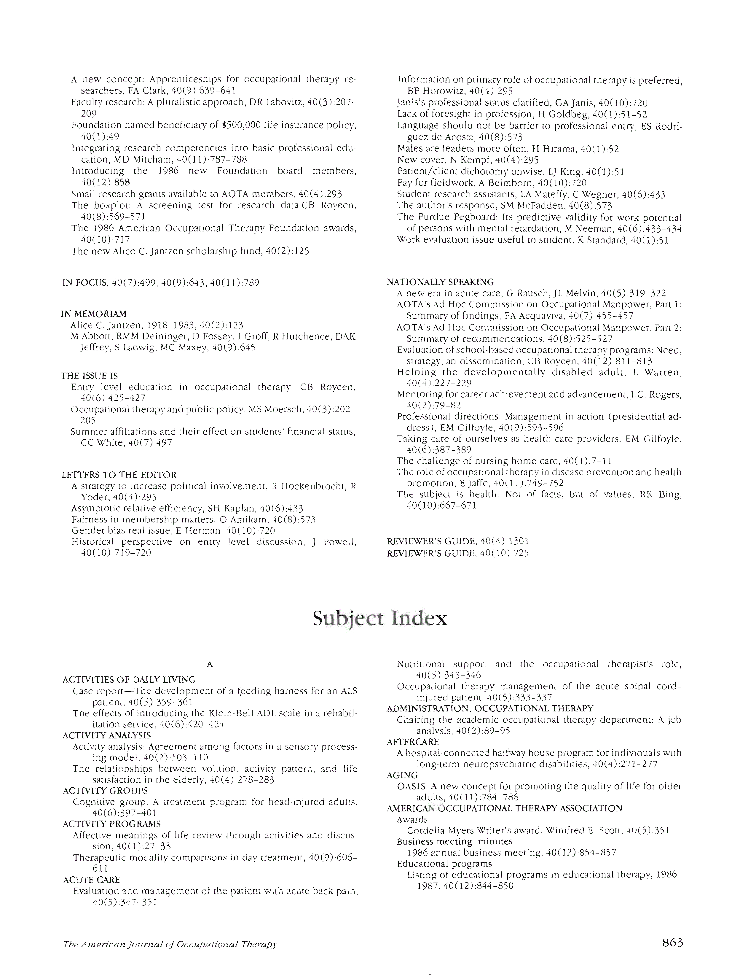 First page of Subject Index