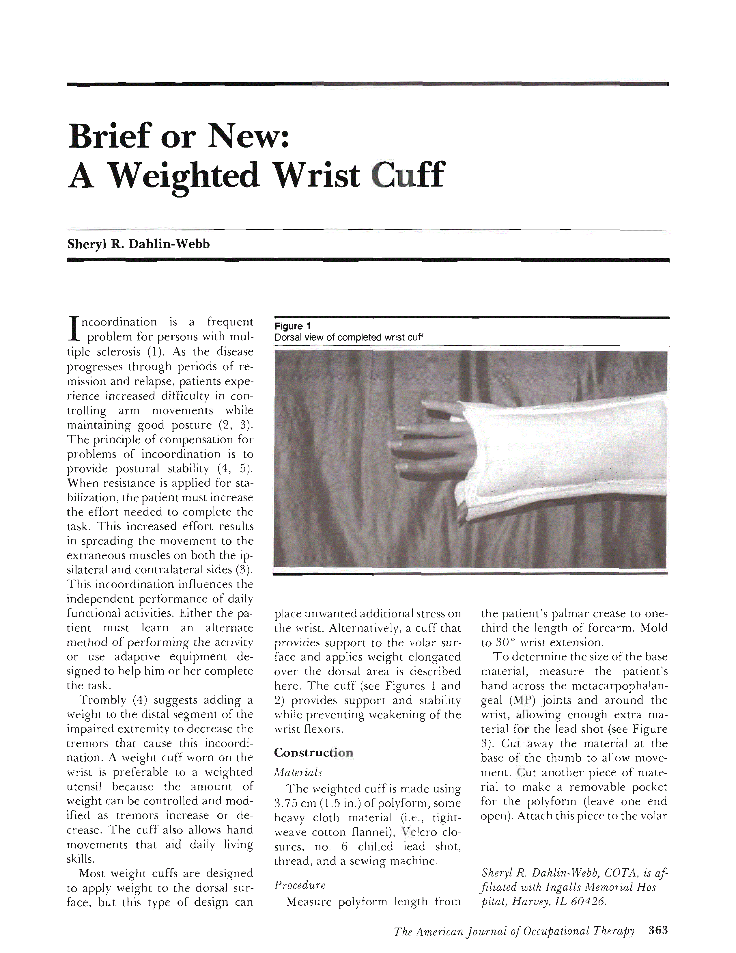 A Weighted Wrist Cuff The American Journal of Occupational Therapy