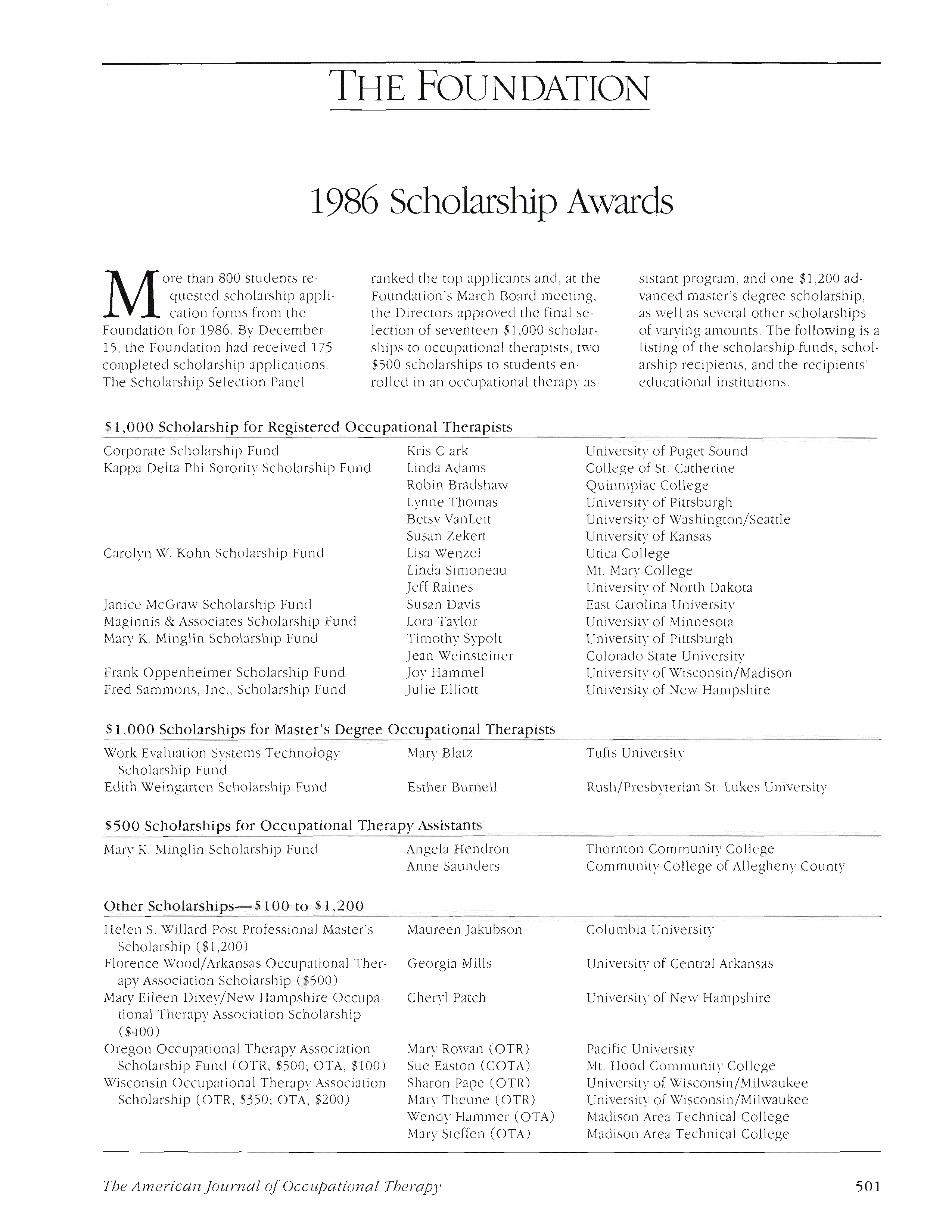 First page of 1986 Scholarship Awards