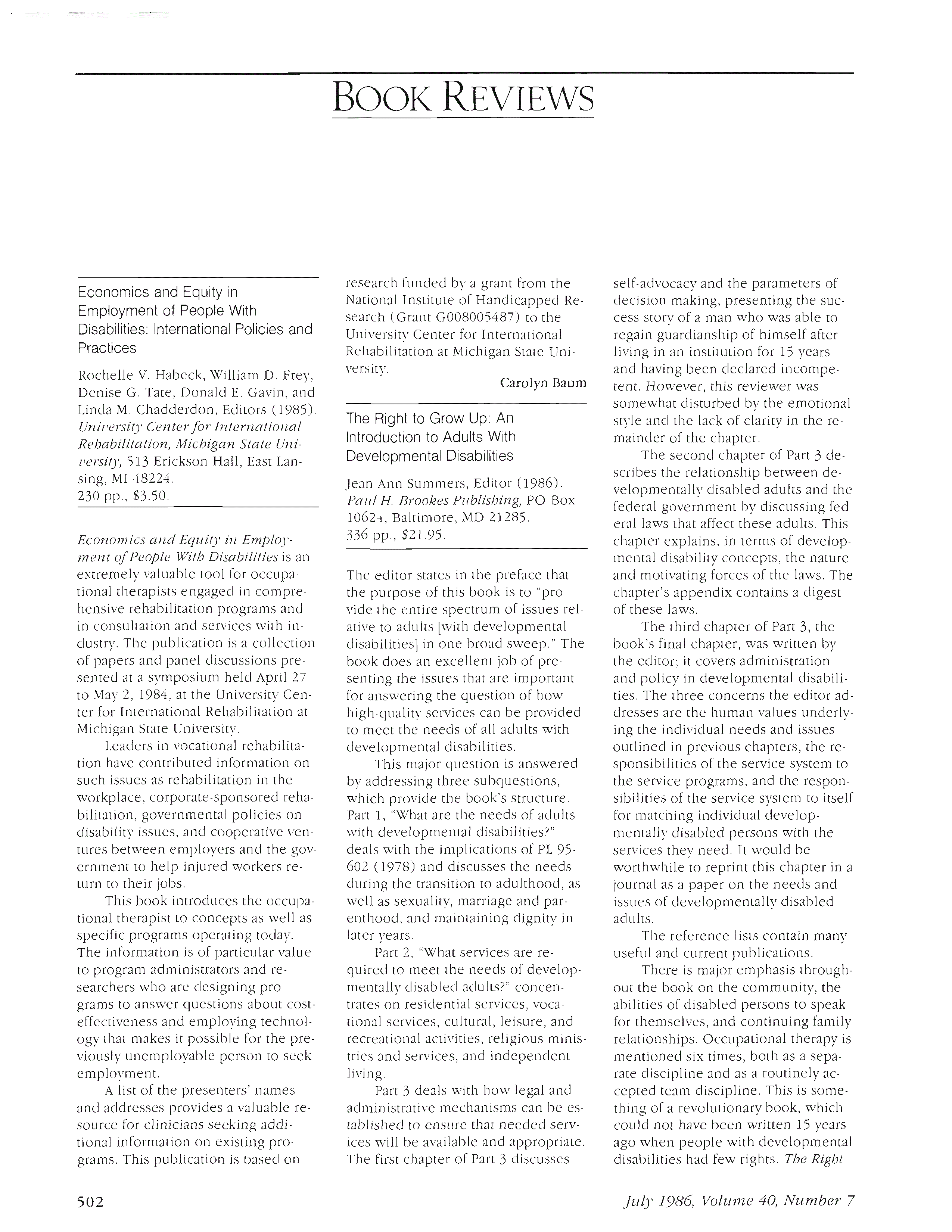 First page of Economics and Equity in Employment of People With Disabilities: International Policies and Practices