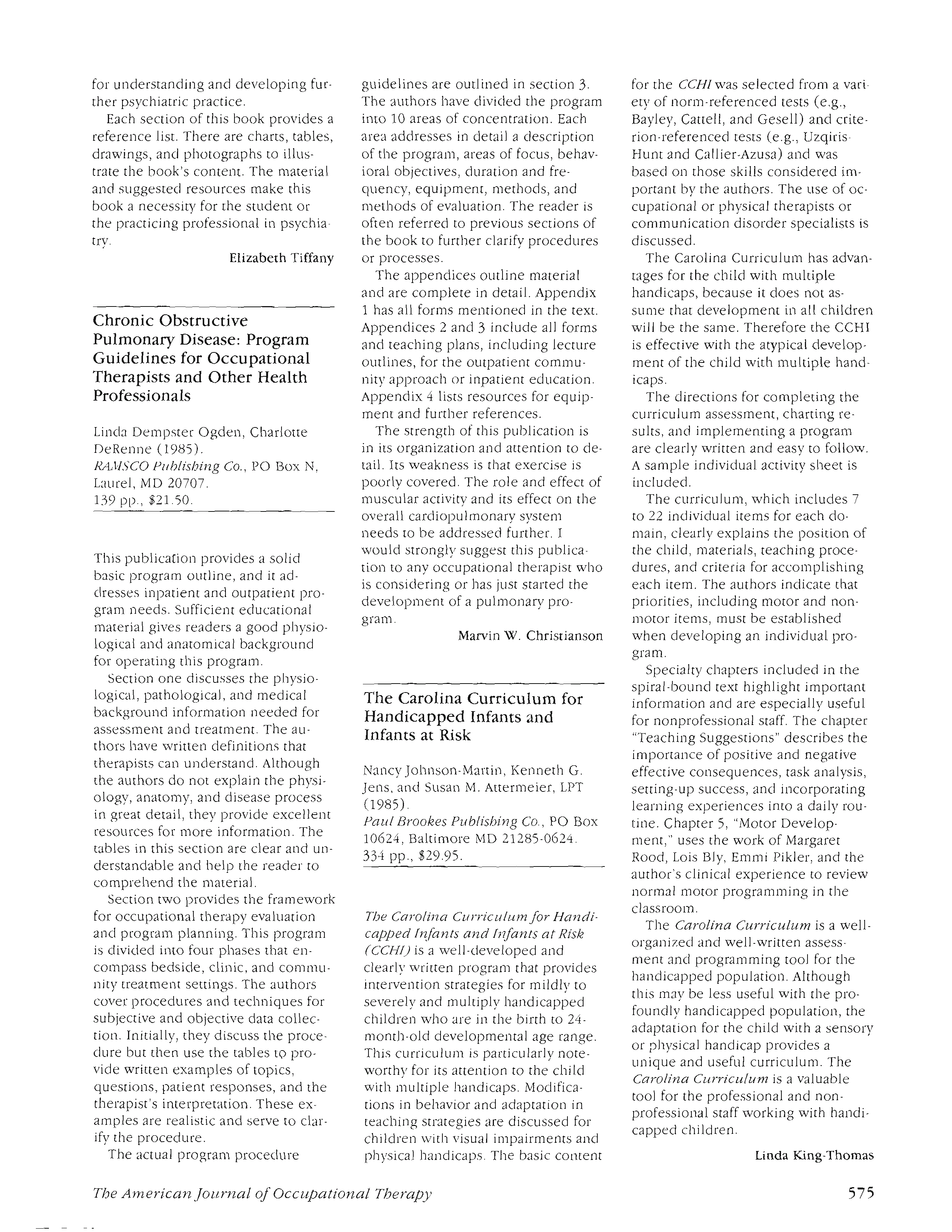 First page of Chronic Obstructive Pulmonary Disease: Program Guidelines for Occupational Therapists and Other Health Professionals