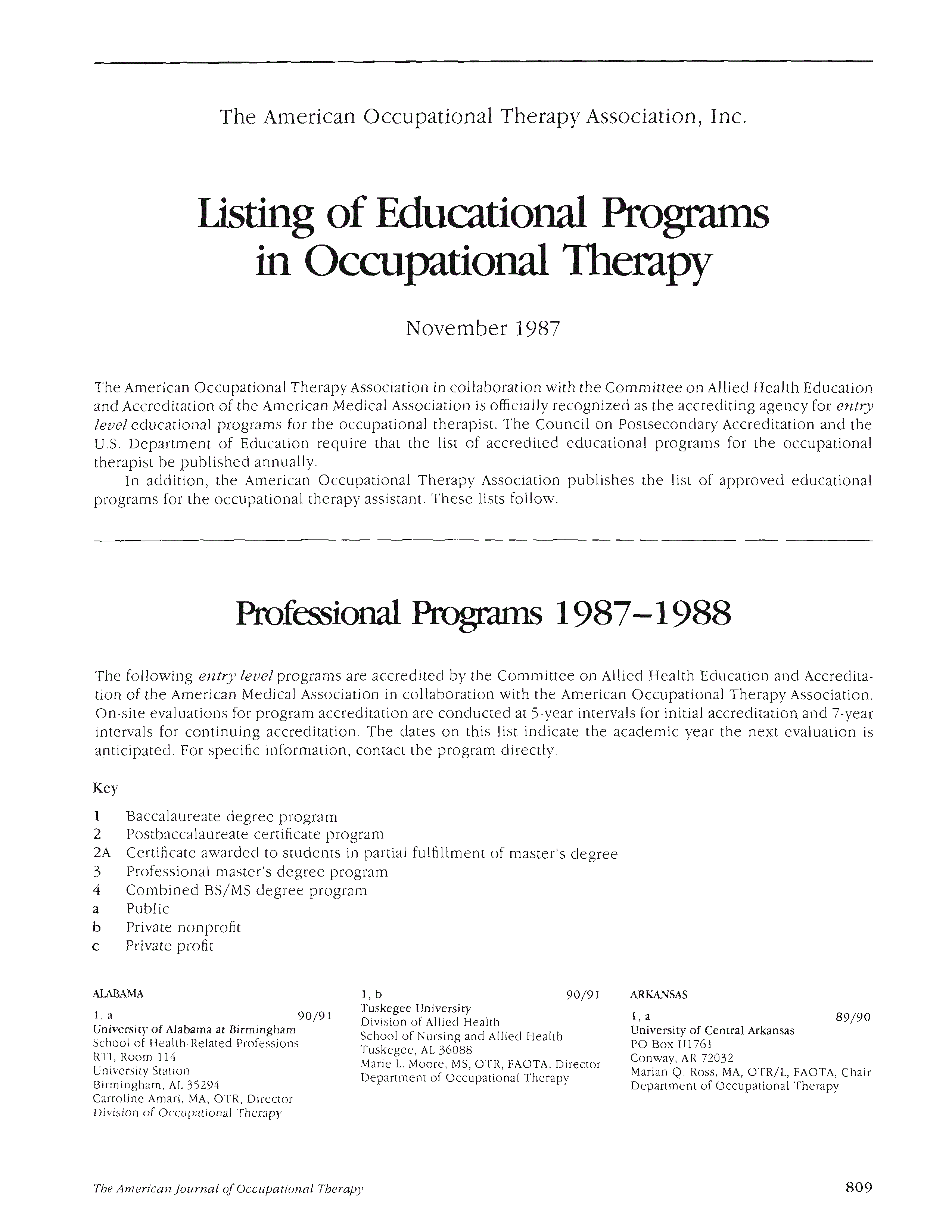 First page of Listing of Educational Programs in Occupational Therapy<subtitle>November 1987</subtitle>