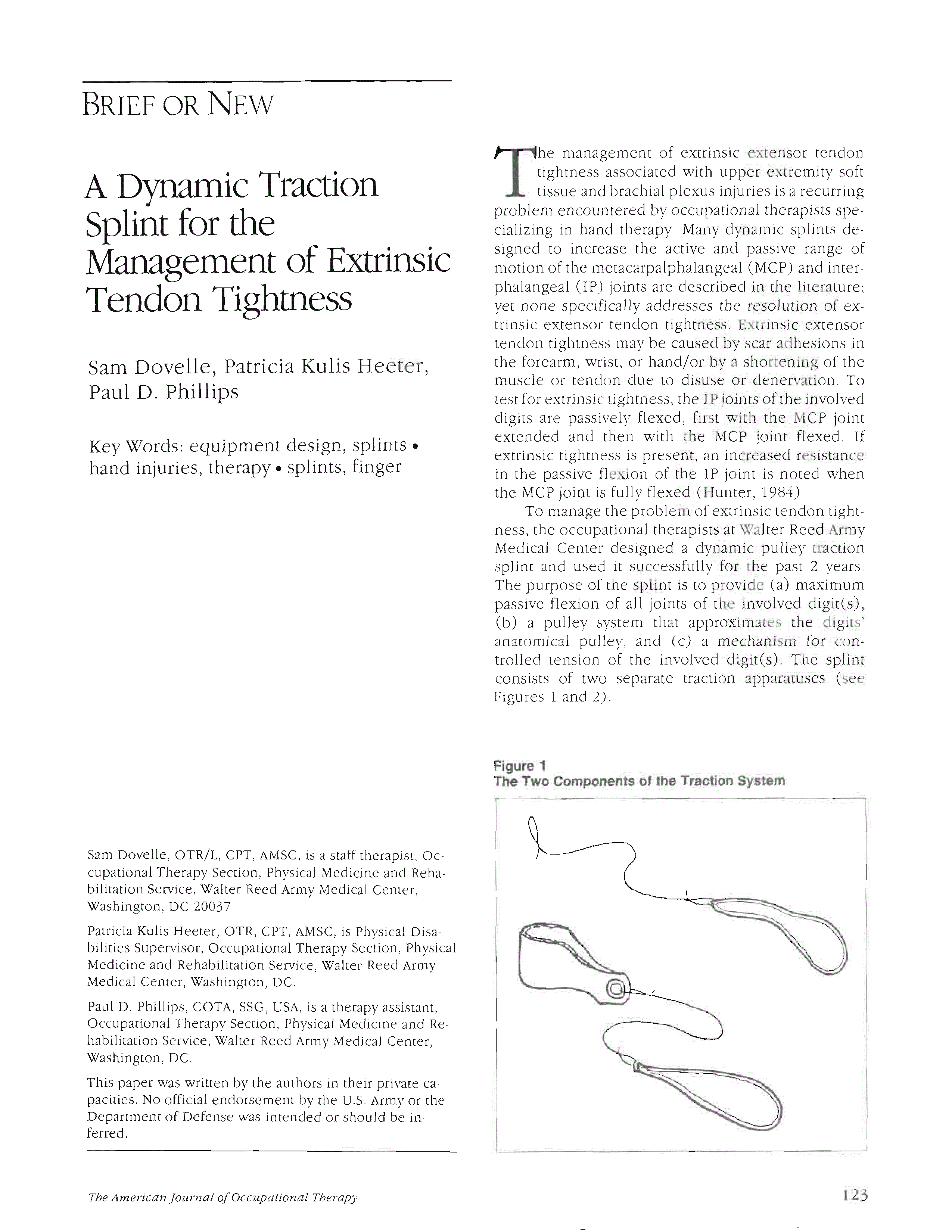 First page of A Dynamic Traction Splint for the Management of Extrinsic Tendon Tightness