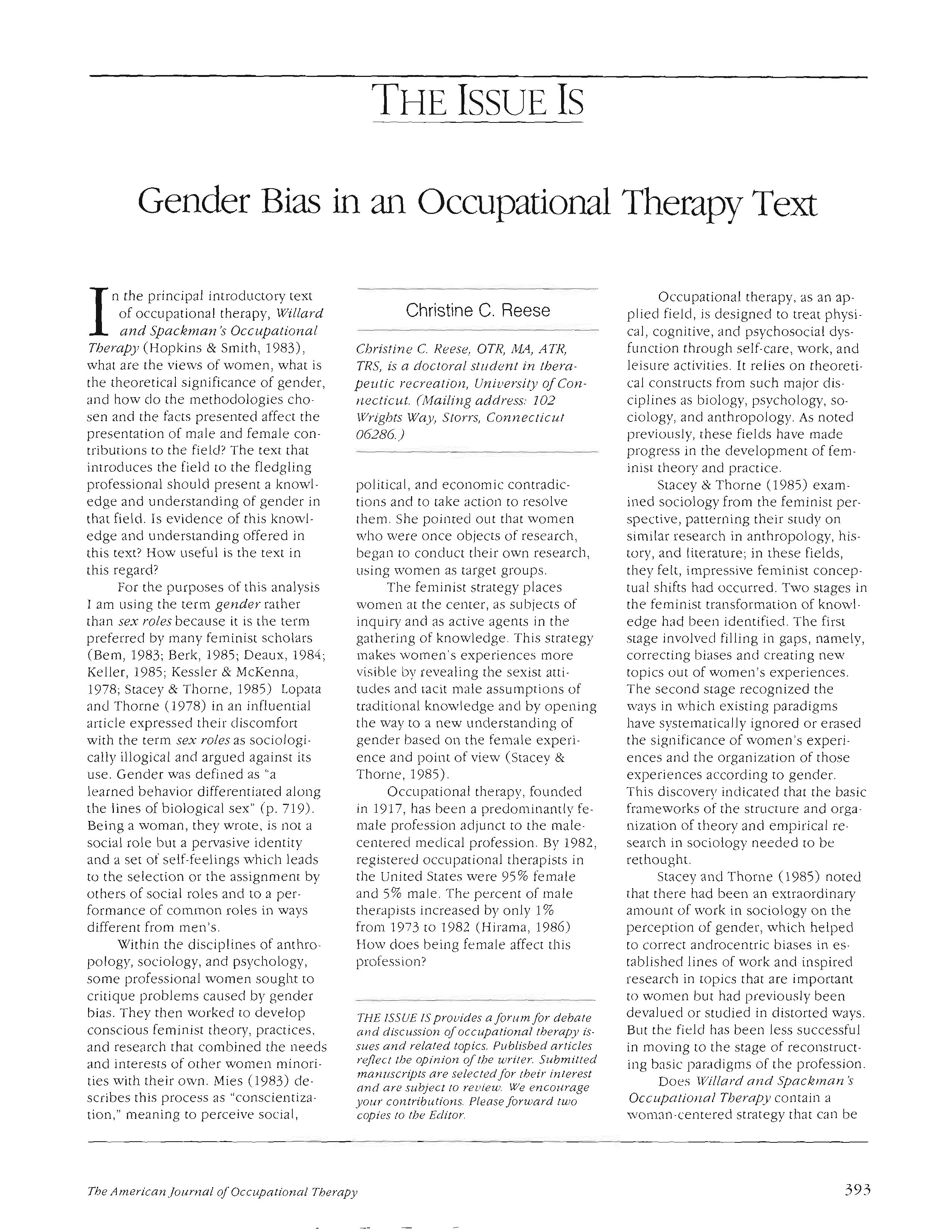 First page of Gender Bias in an Occupational Therapy Text
