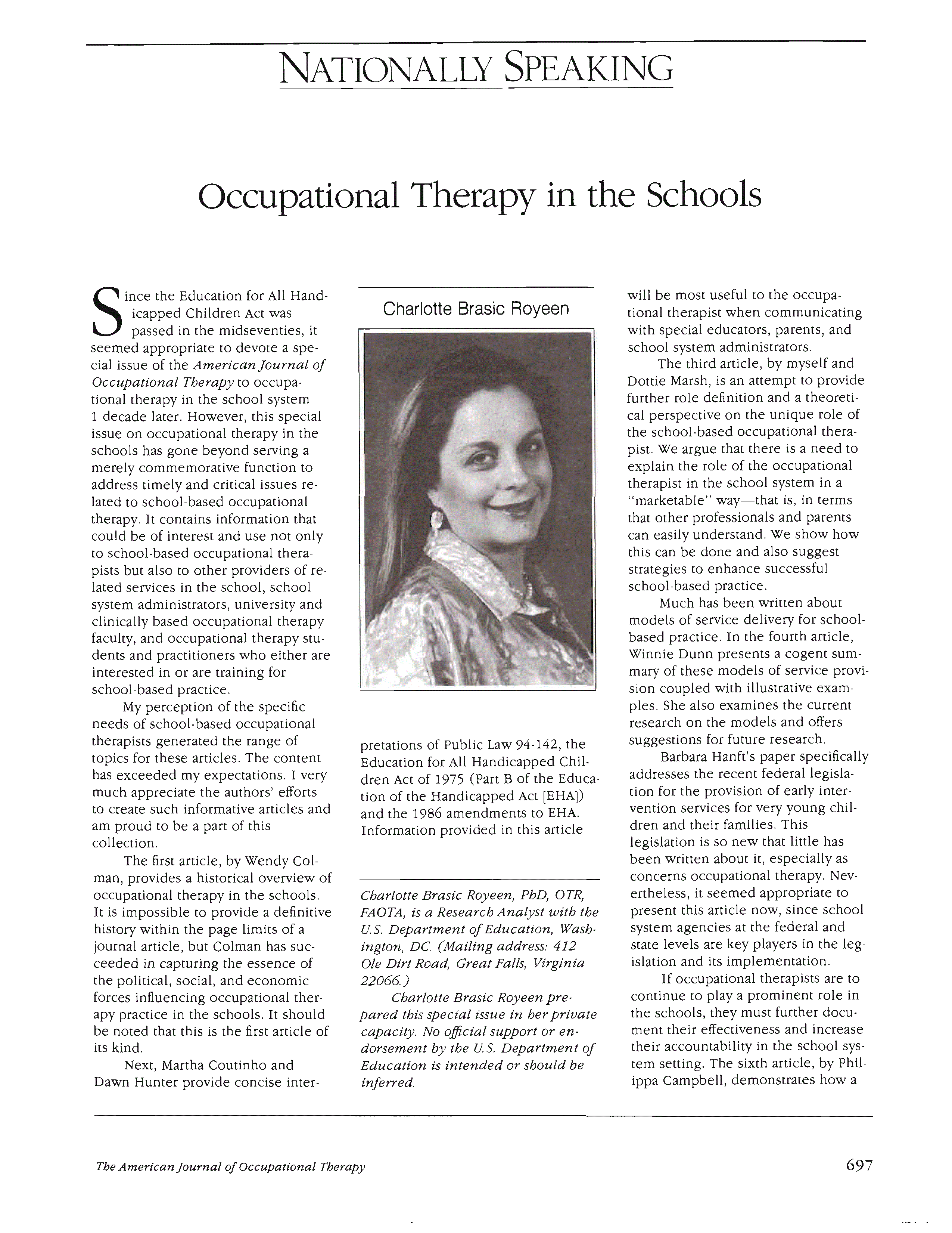 First page of Occupational Therapy in the Schools
