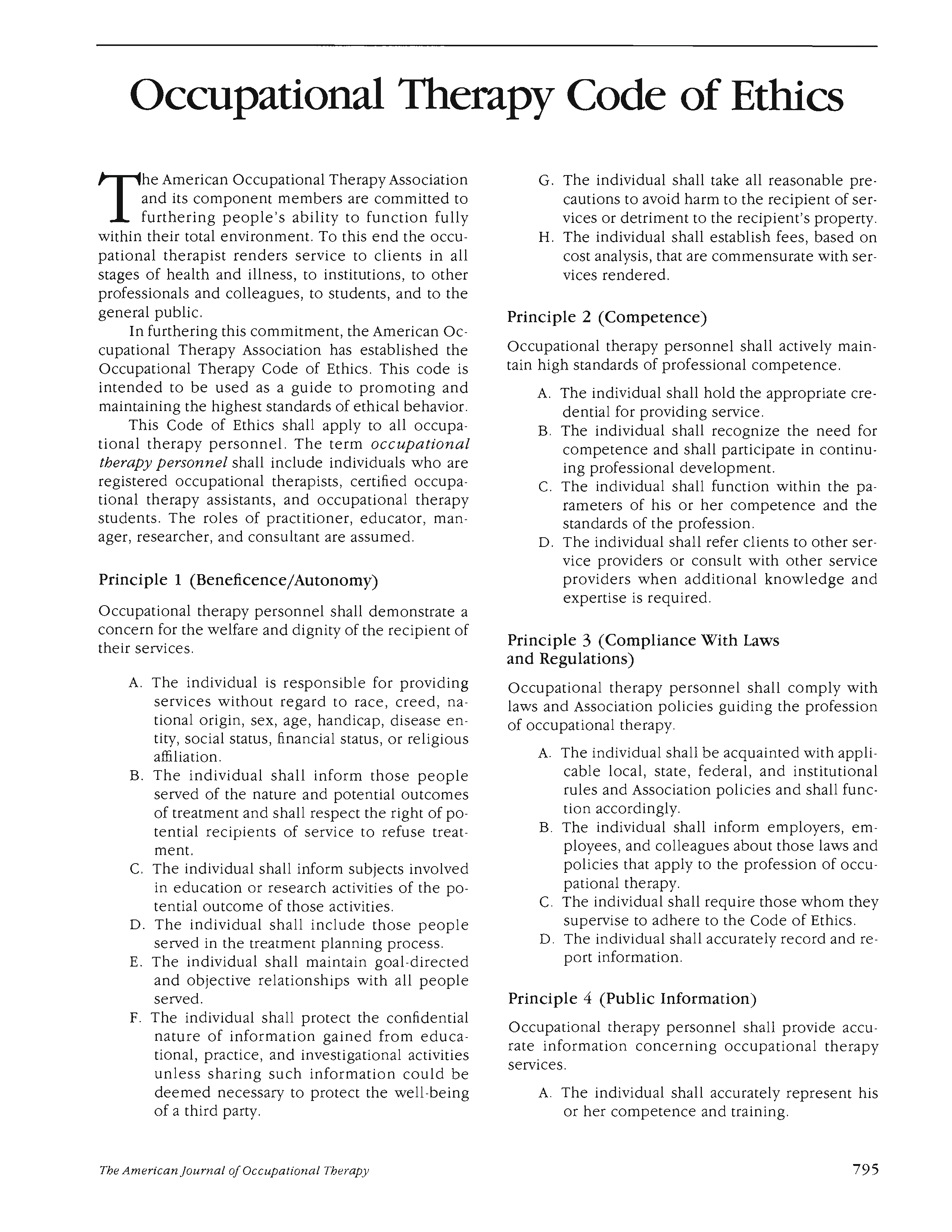Occupational therapy code of ethics the american journal of