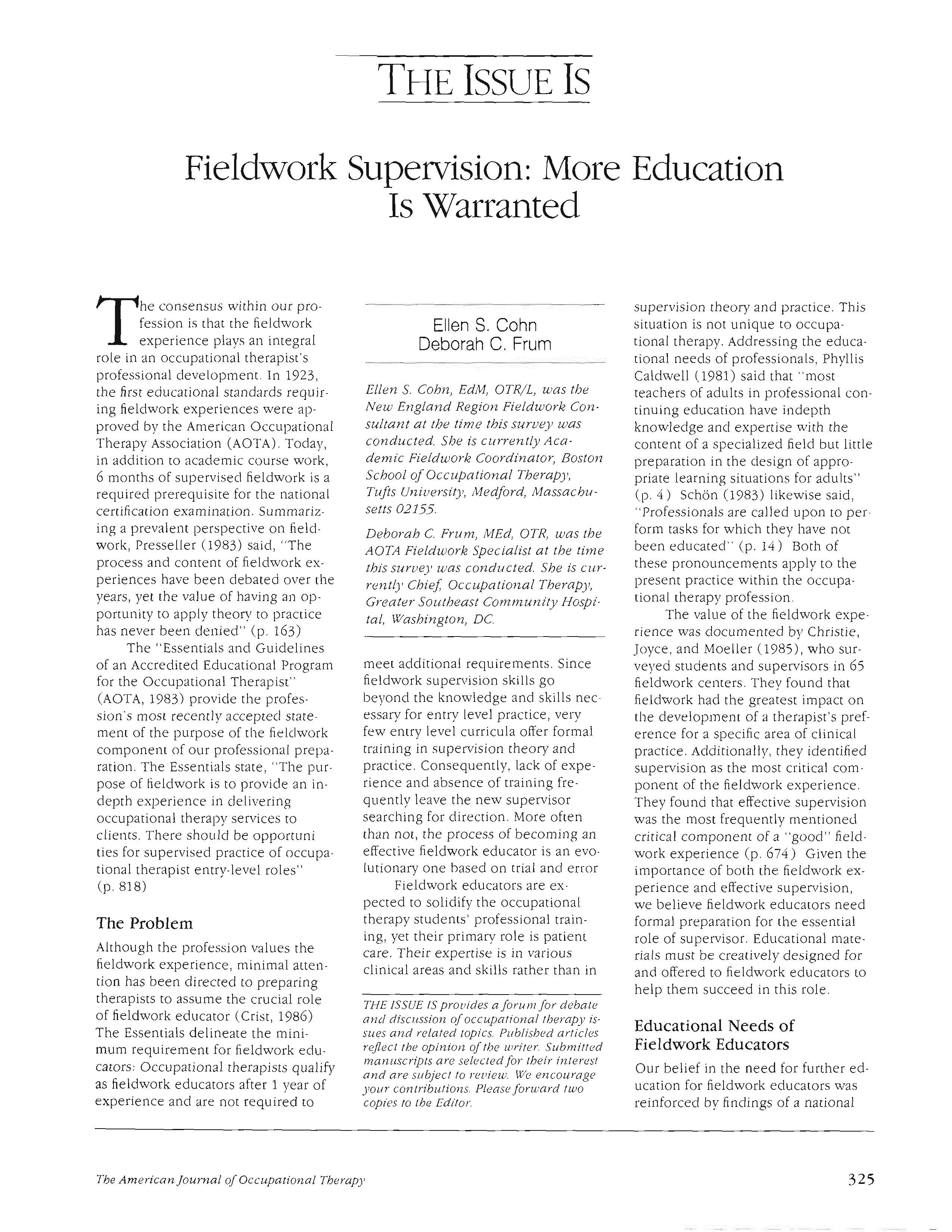 First page of Fieldwork Supervision: More Education Is Warranted
