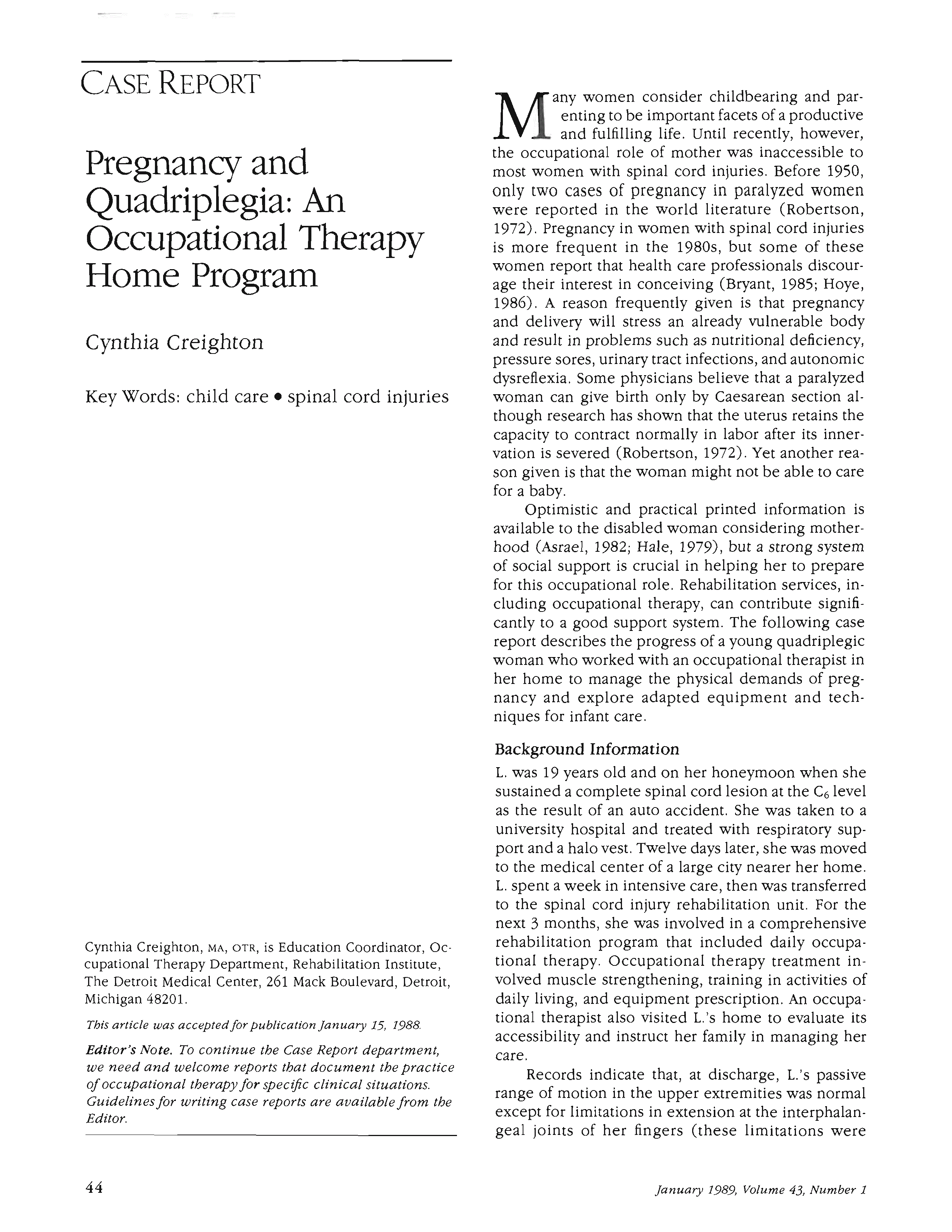 First page of Pregnancy and Quadriplegia: An Occupational Therapy Home Program