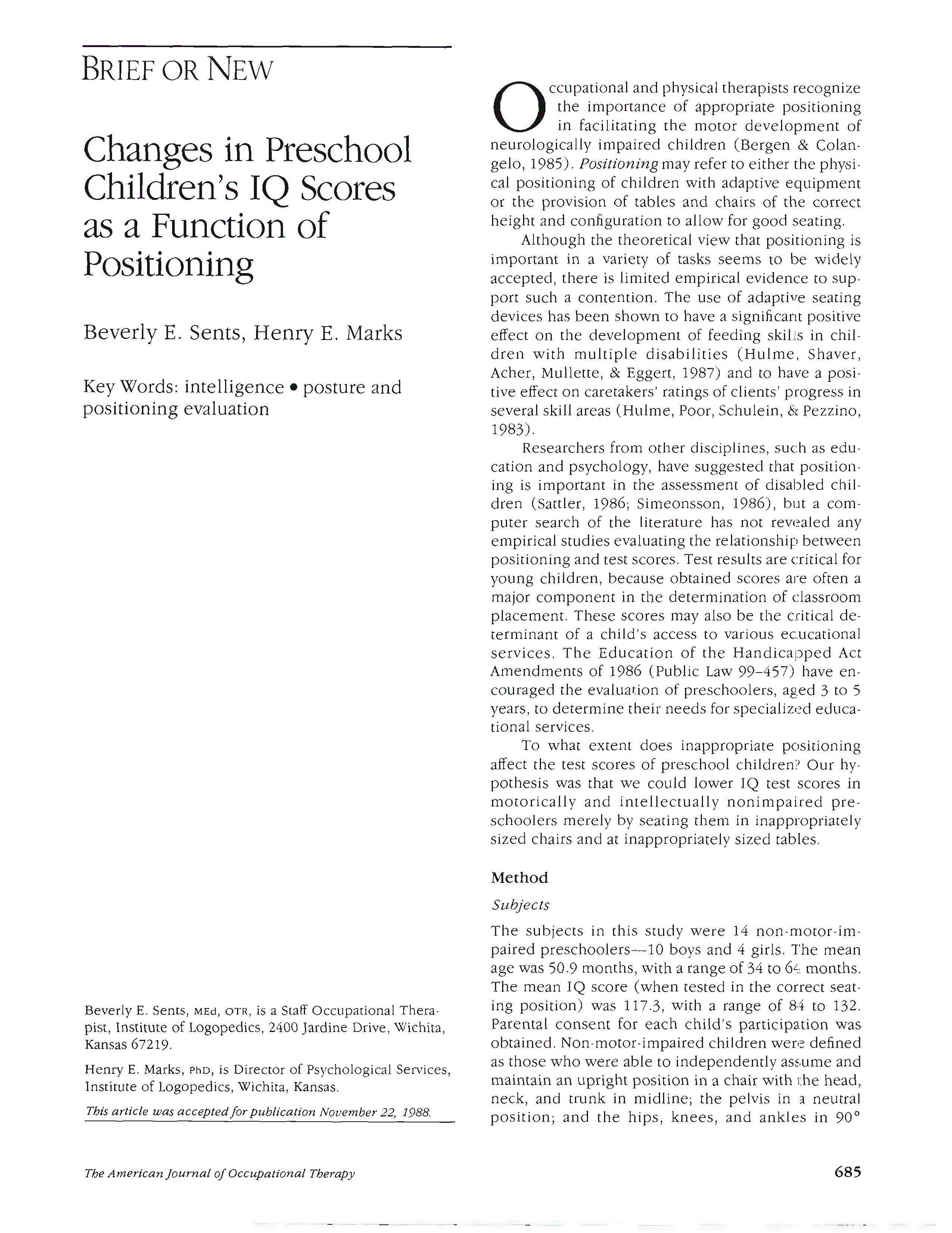 First page of Changes in Preschool Children’s IQ Scores as a Function of Positioning
