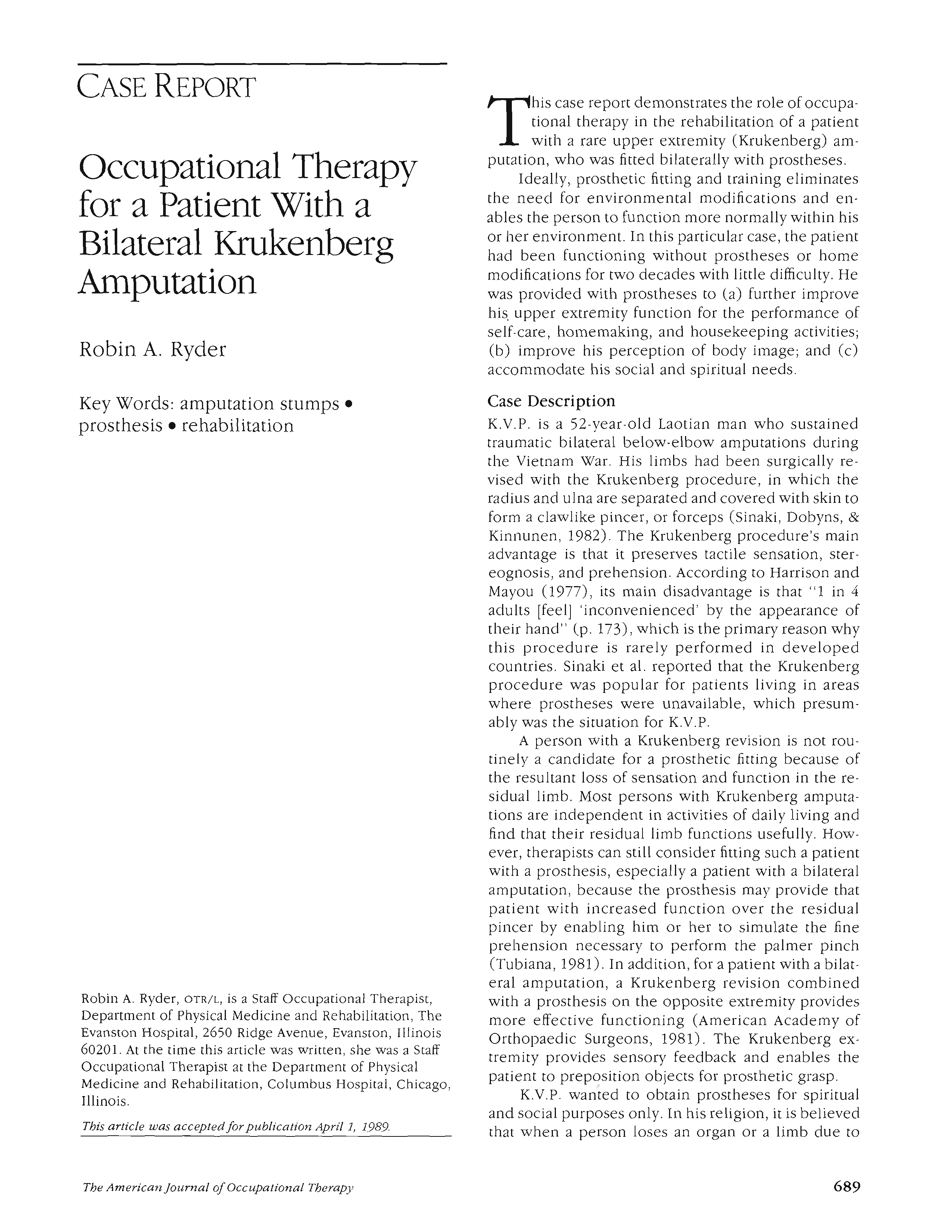 First page of Occupational Therapy for a Patient With a Bilateral Krukenberg Amputation