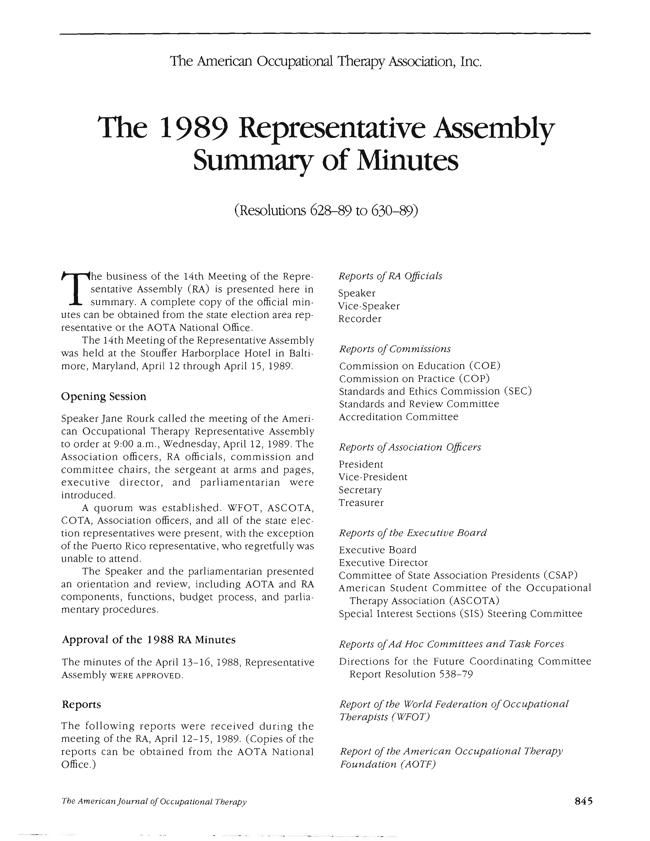 First page of The 1989 Representative Assembly Summary of Minutes<subtitle>(Resolution 628–89 to 630–89)</subtitle>