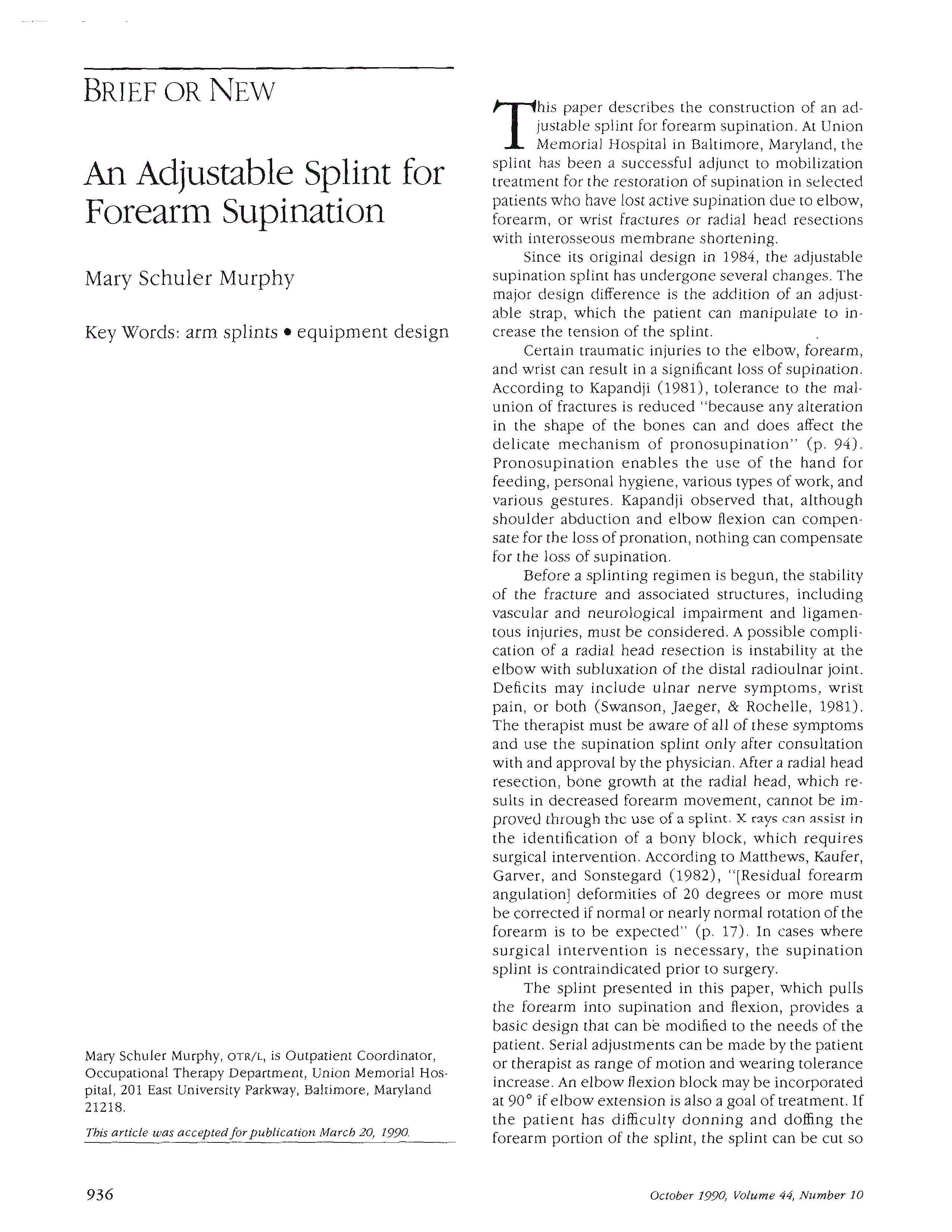 First page of An Adjustable Splint for Forearm Supination