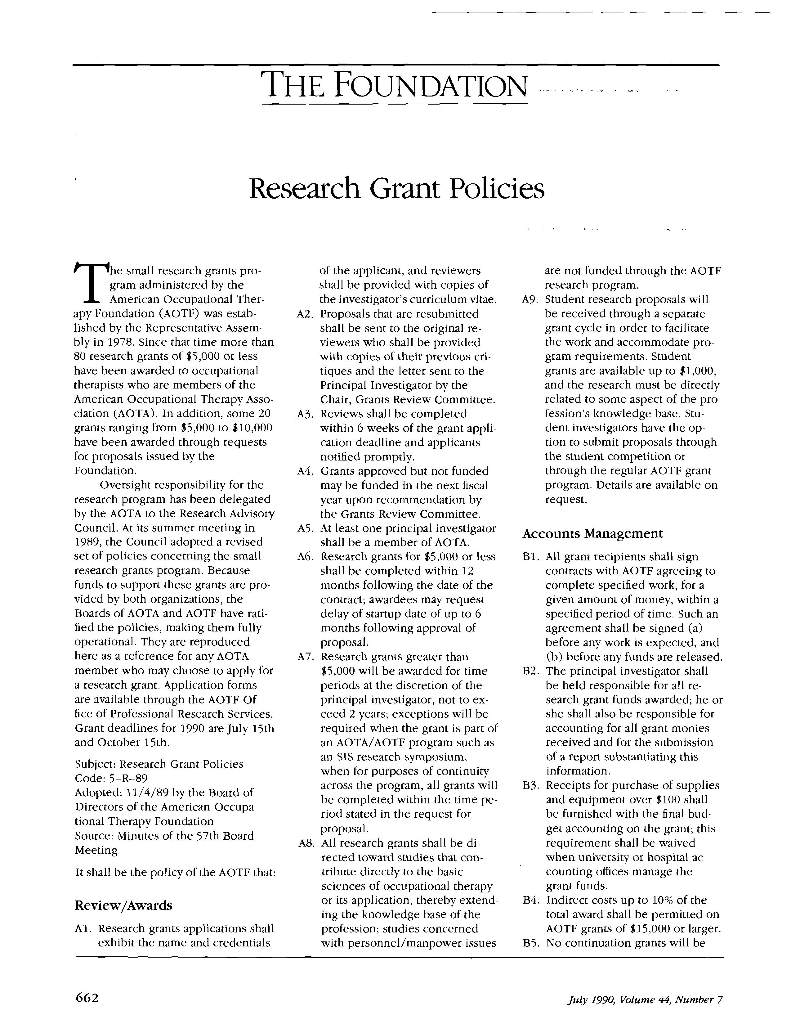 First page of Research Grant Policies
