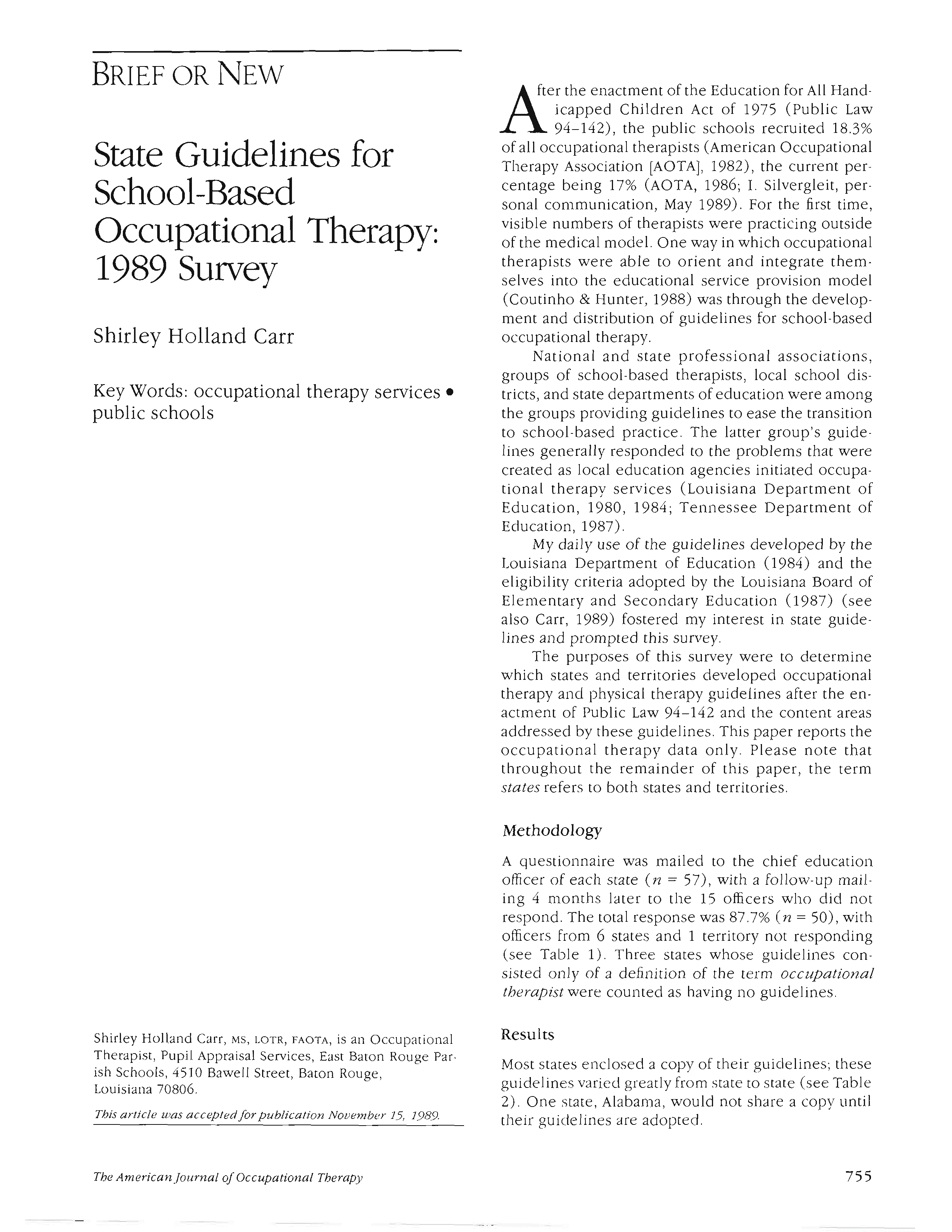 First page of State Guidelines for School-Based Occupational Therapy: 1989 Survey