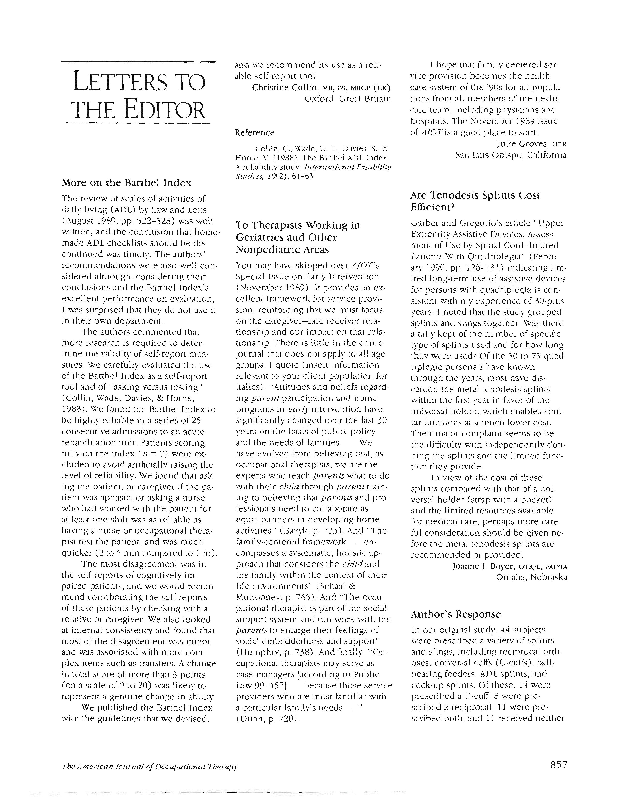 More on the Barthel Index The American Journal of Occupational