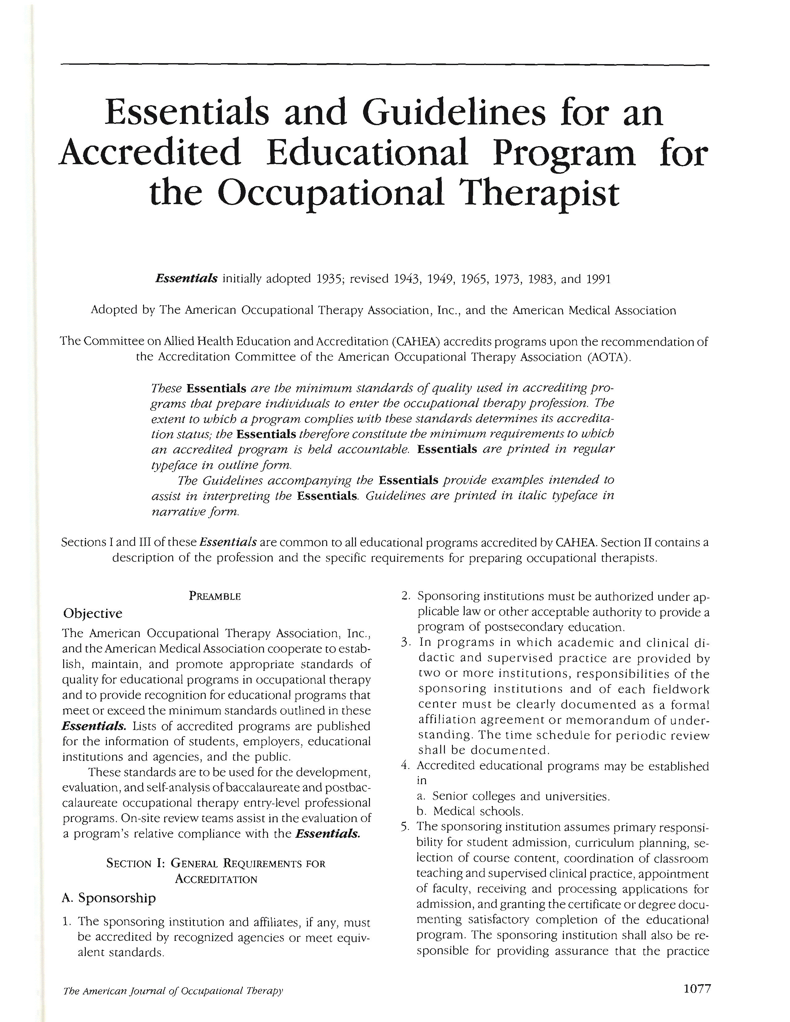 First page of Essentials and Guidelines for an Accredited Educational Program for the Occupational Therapist