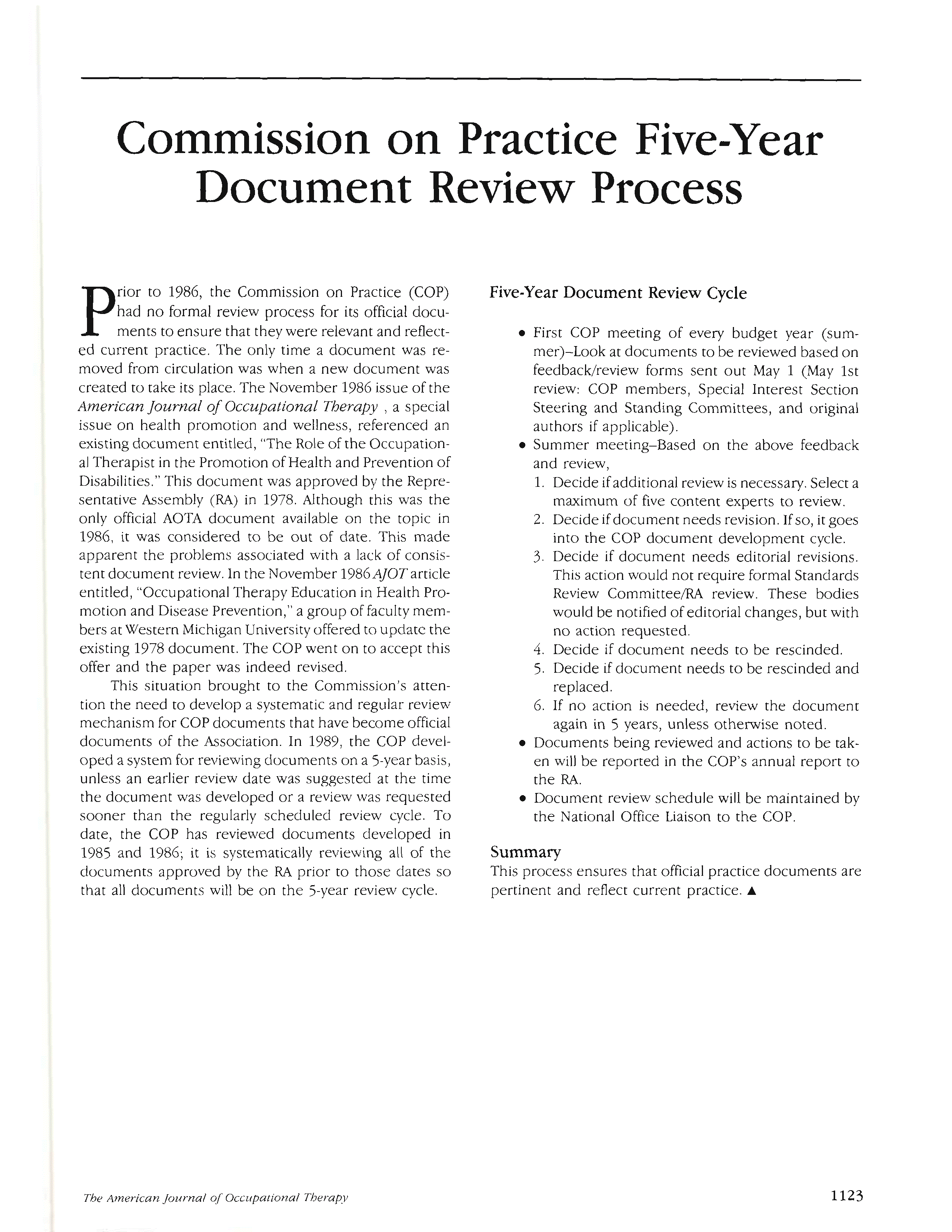 First page of Commission on Practice Five-Year Document Review Process