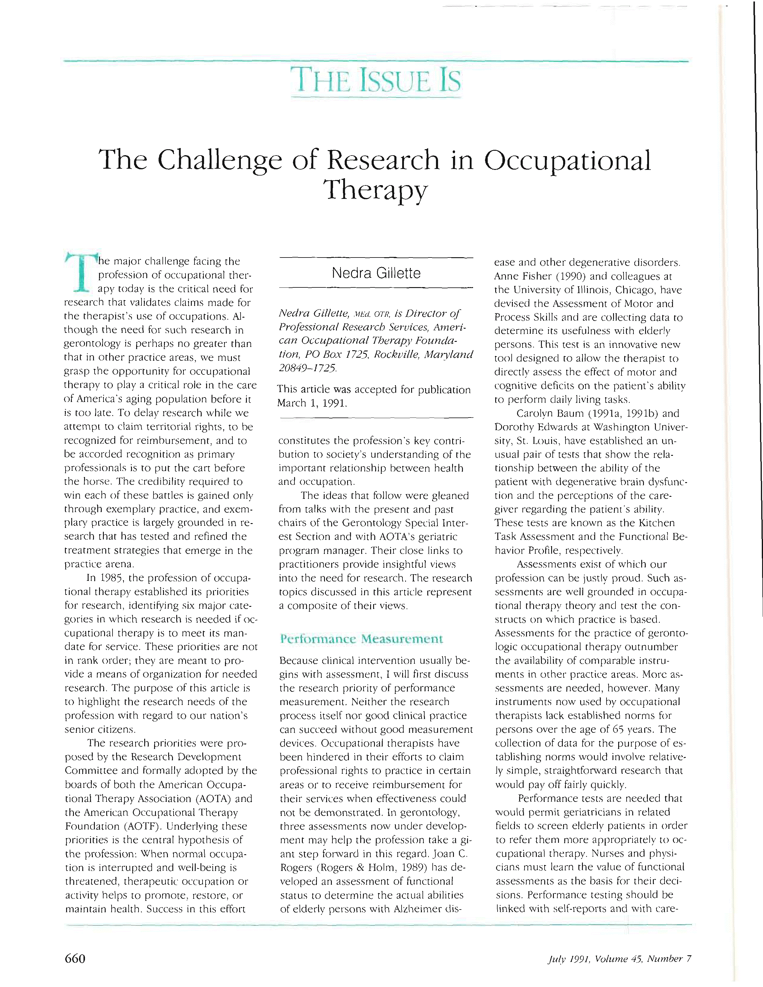 First page of The Challenge of Research in Occupational Therapy