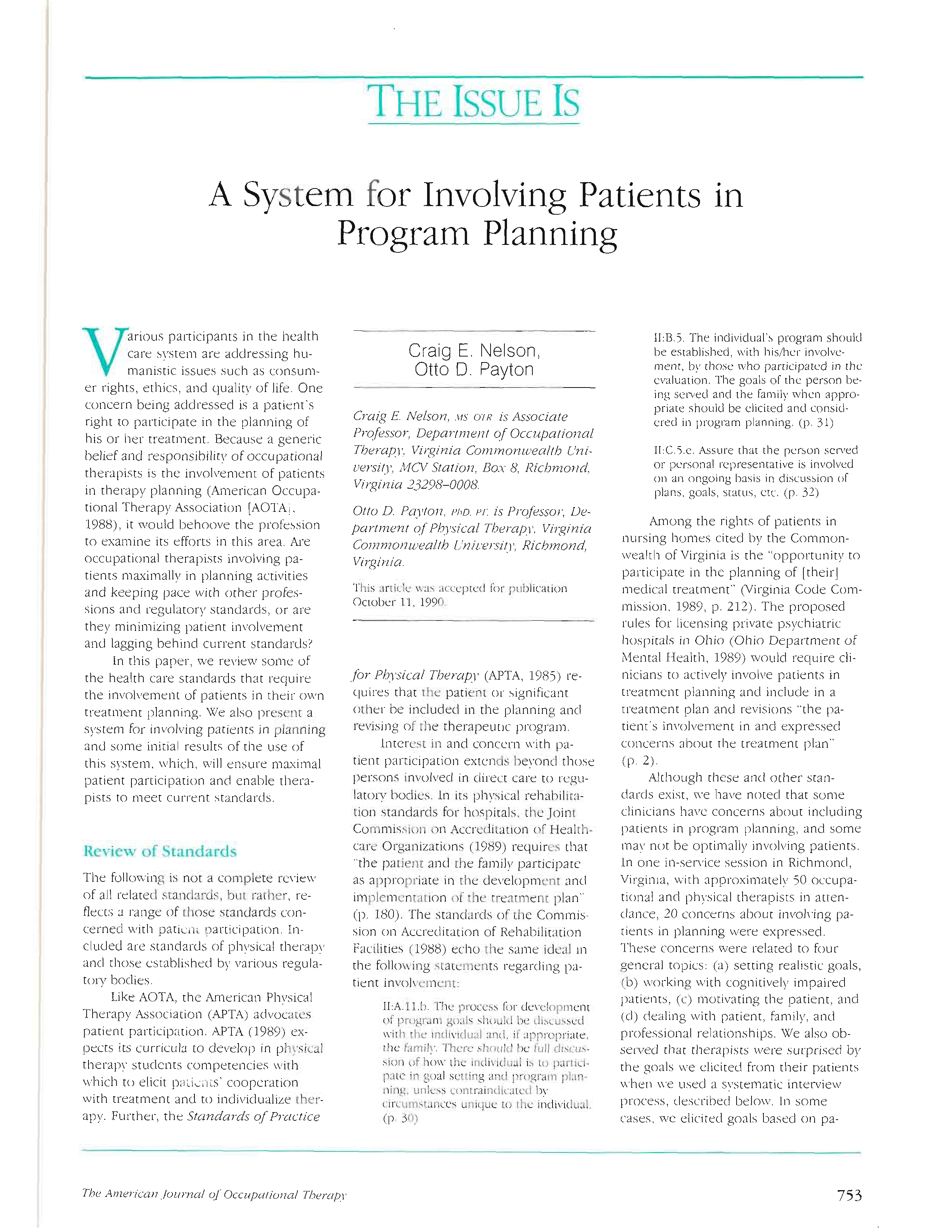 First page of A System for Involving Patients In Program Planning