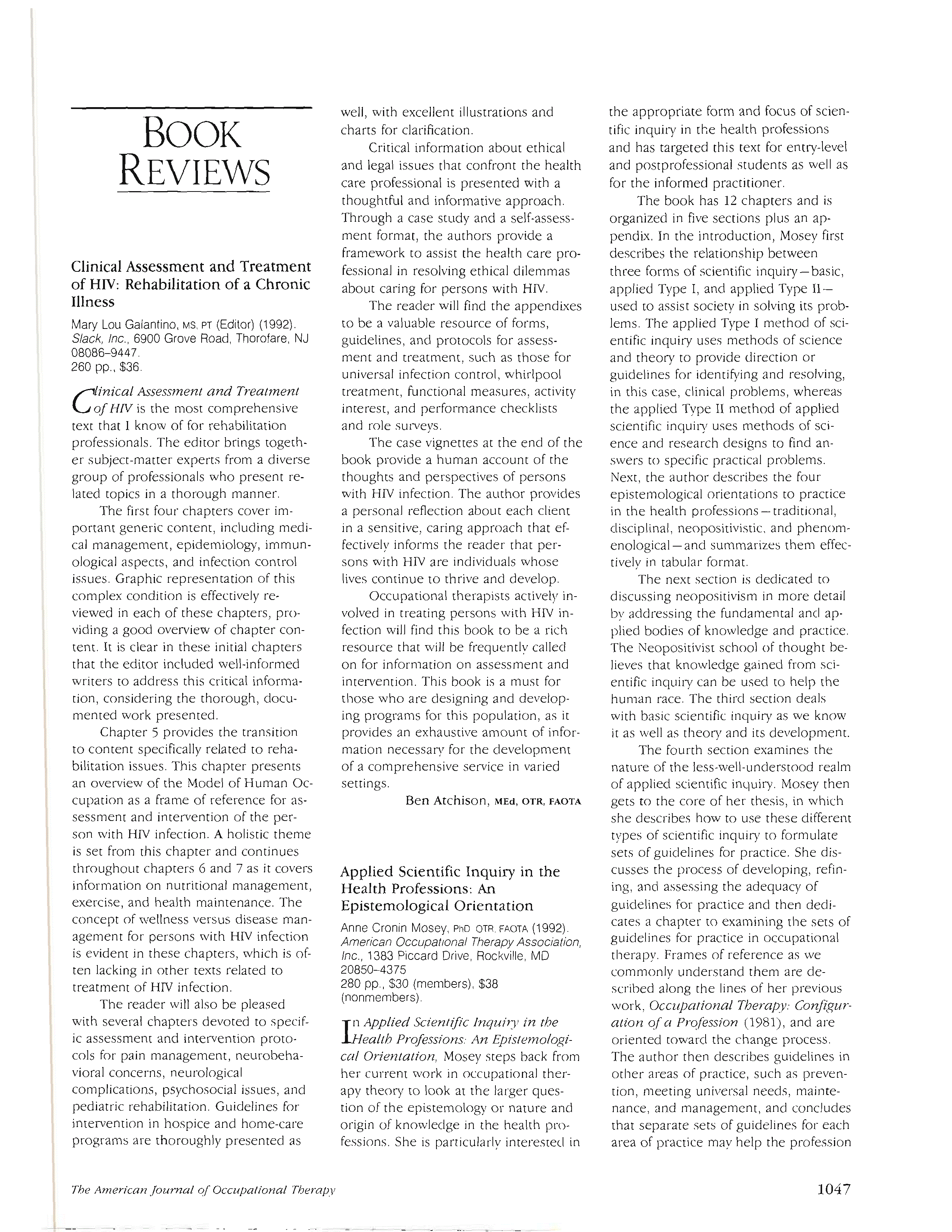 First page of Clinical Assessment and Treatment of HIV: Rehabilitation of a Chronic Illness