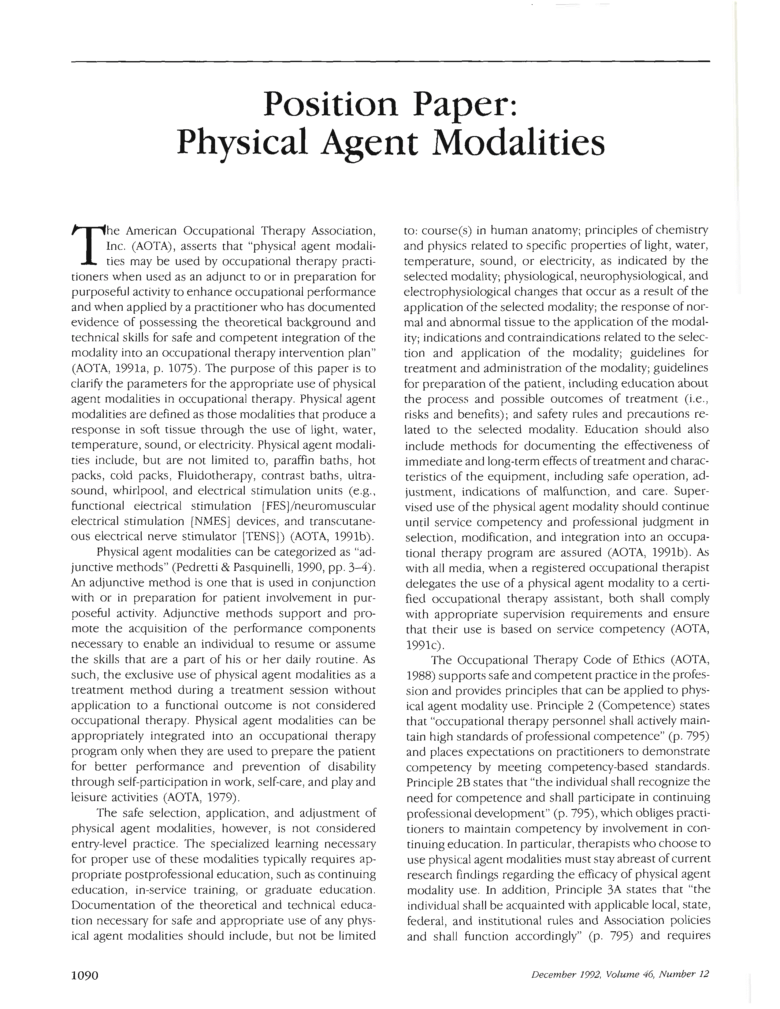 First page of Position Paper: Physical Agent Modalities